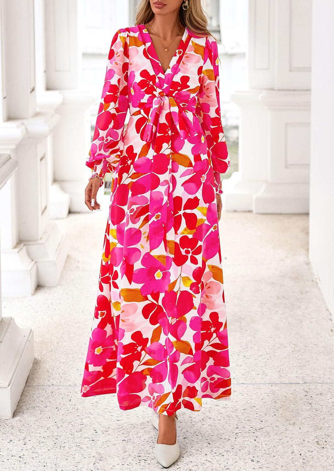 imagePRETTYGARDEN Womens 2025 Fall Wedding Guest Dresses Floral Long Sleeve V Neck Belted Long Flowy Boho Maxi DressFloral White Rose Red