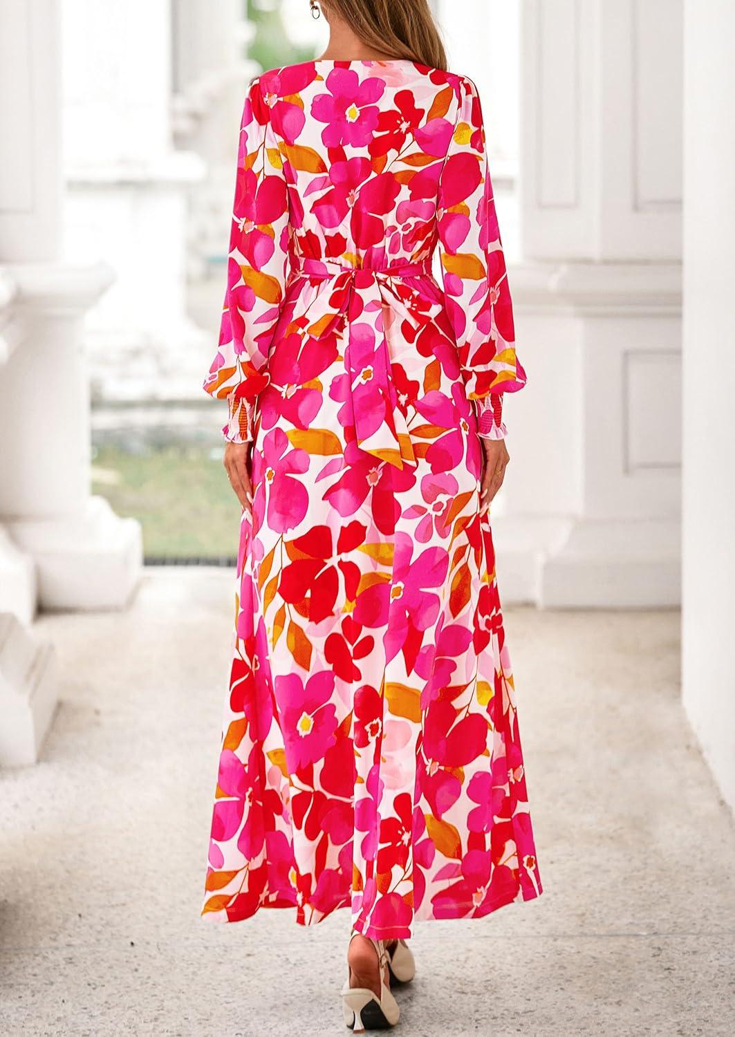 imagePRETTYGARDEN Womens 2025 Fall Wedding Guest Dresses Floral Long Sleeve V Neck Belted Long Flowy Boho Maxi DressFloral White Rose Red