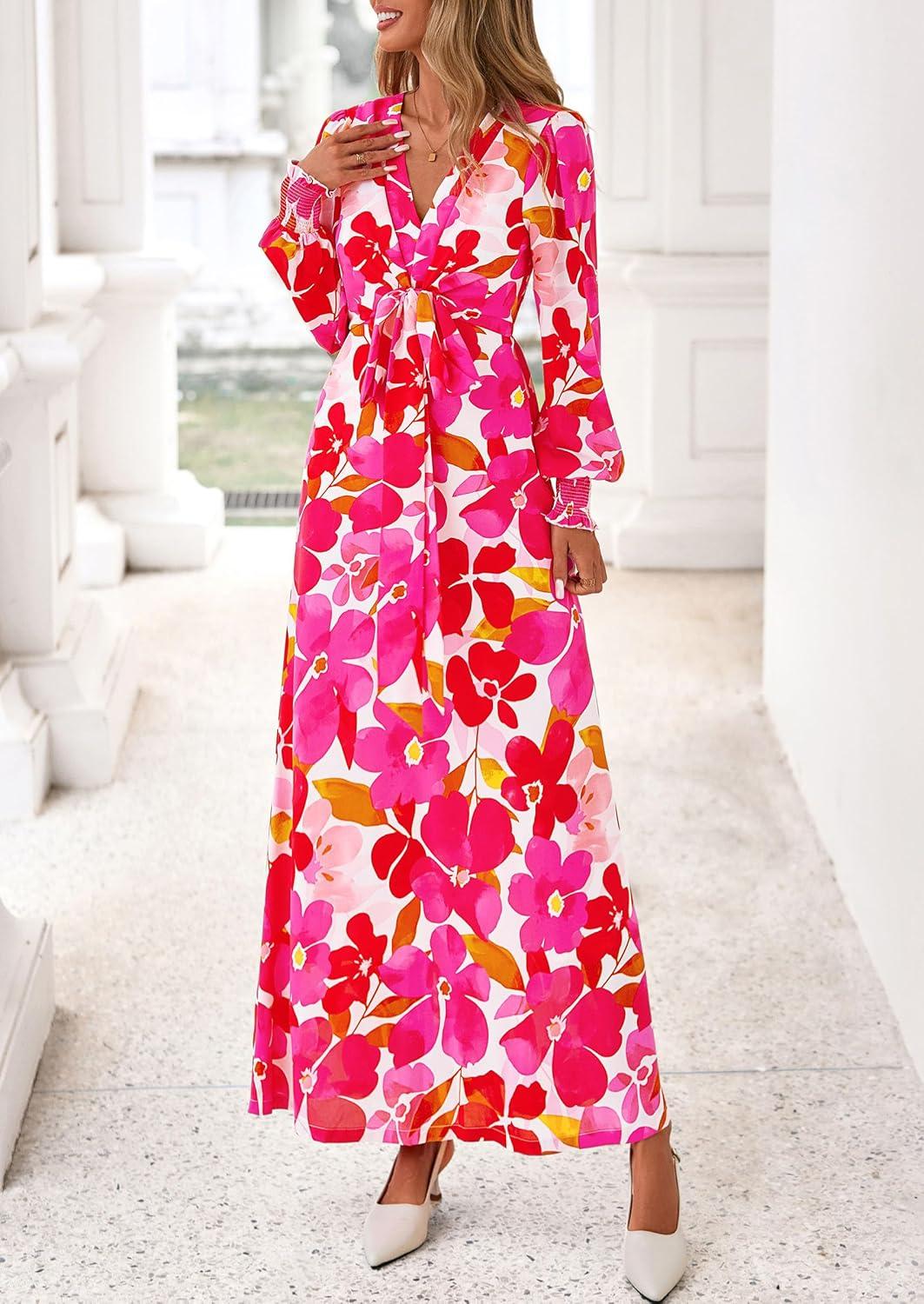 imagePRETTYGARDEN Womens 2025 Fall Wedding Guest Dresses Floral Long Sleeve V Neck Belted Long Flowy Boho Maxi DressFloral White Rose Red