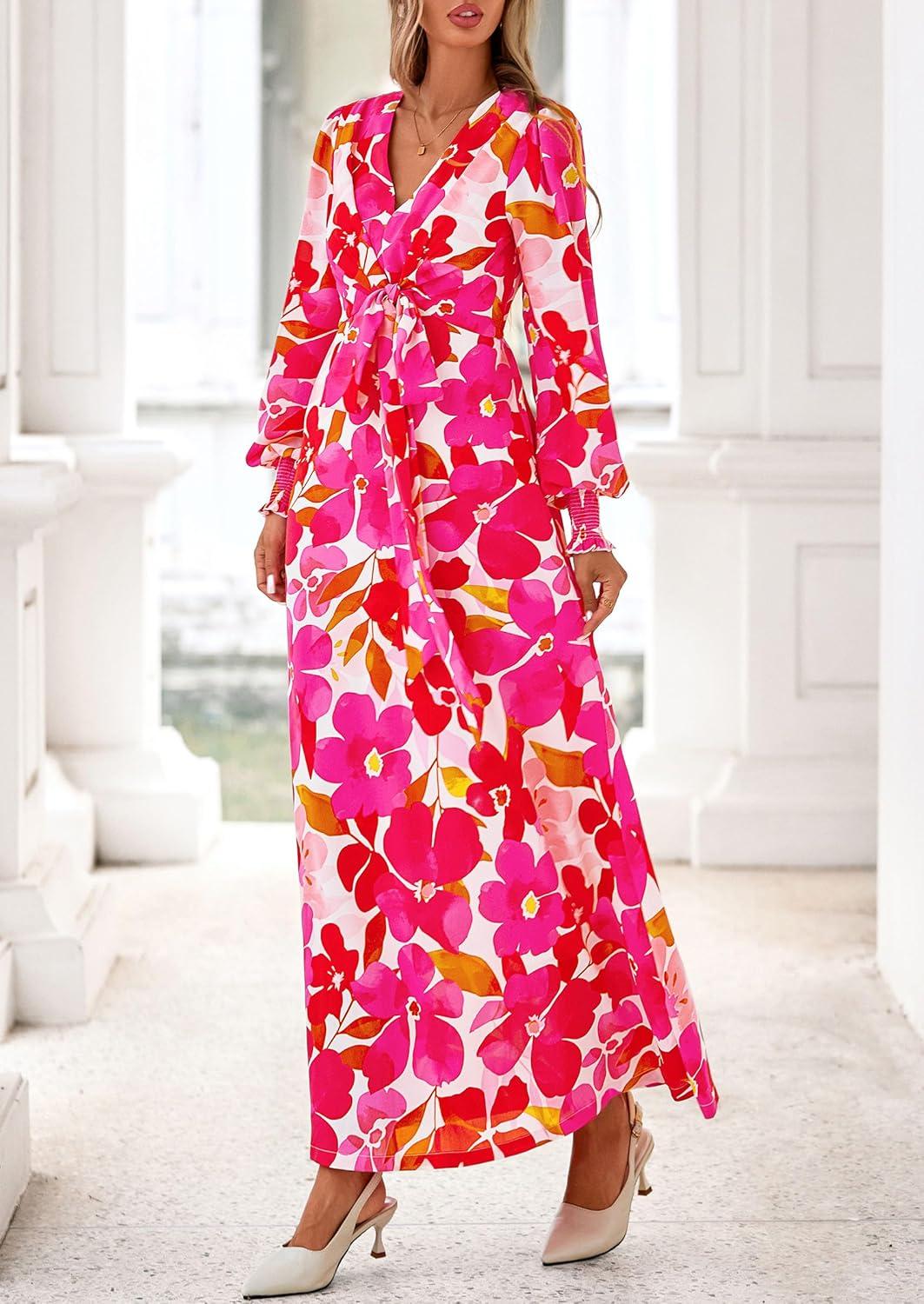 imagePRETTYGARDEN Womens 2025 Fall Wedding Guest Dresses Floral Long Sleeve V Neck Belted Long Flowy Boho Maxi DressFloral White Rose Red