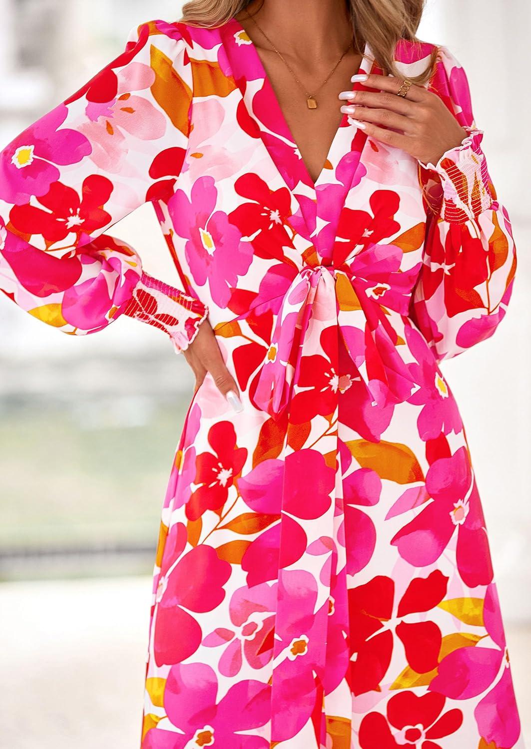 imagePRETTYGARDEN Womens 2025 Fall Wedding Guest Dresses Floral Long Sleeve V Neck Belted Long Flowy Boho Maxi DressFloral White Rose Red