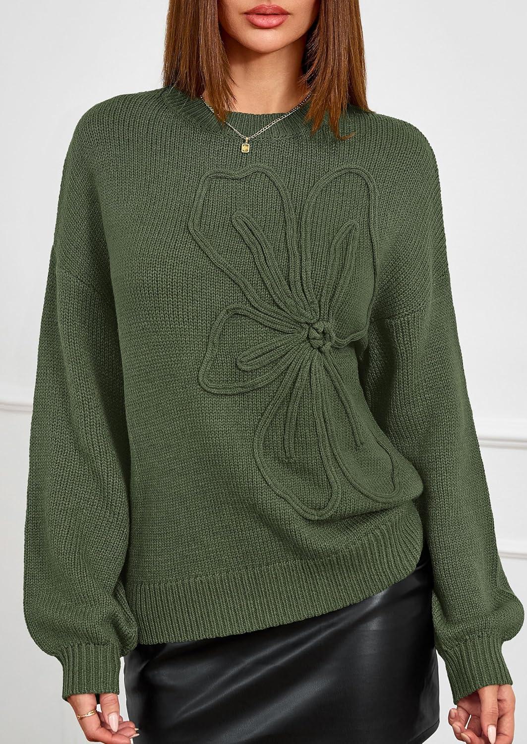 imagePRETTYGARDEN Womens Sweaters 2025 Fall Fashion Long Sleeve Crewneck Floral Knit Pullover Sweater Tops Winter ClothesArmy Green