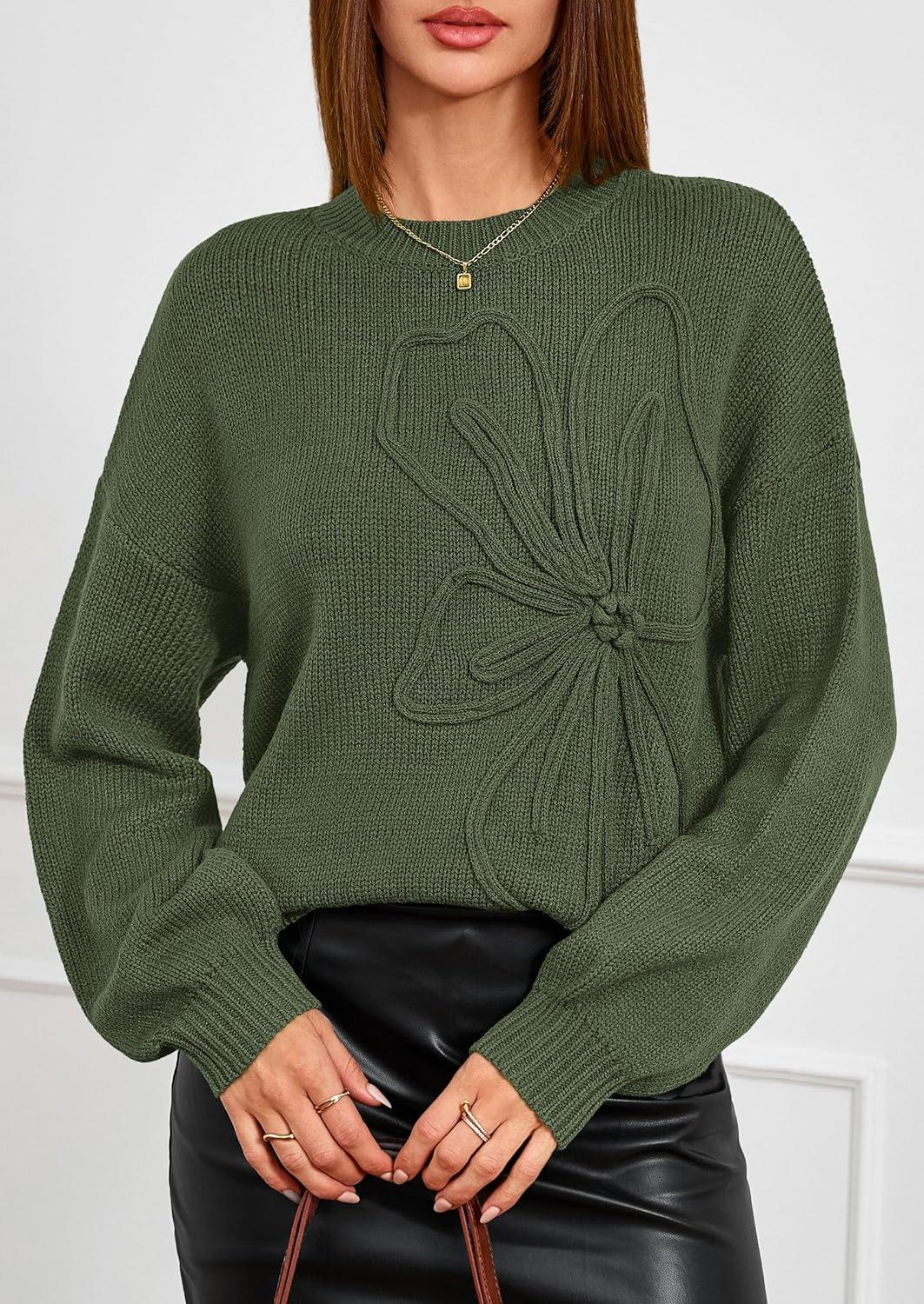 imagePRETTYGARDEN Womens Sweaters 2025 Fall Fashion Long Sleeve Crewneck Floral Knit Pullover Sweater Tops Winter ClothesArmy Green