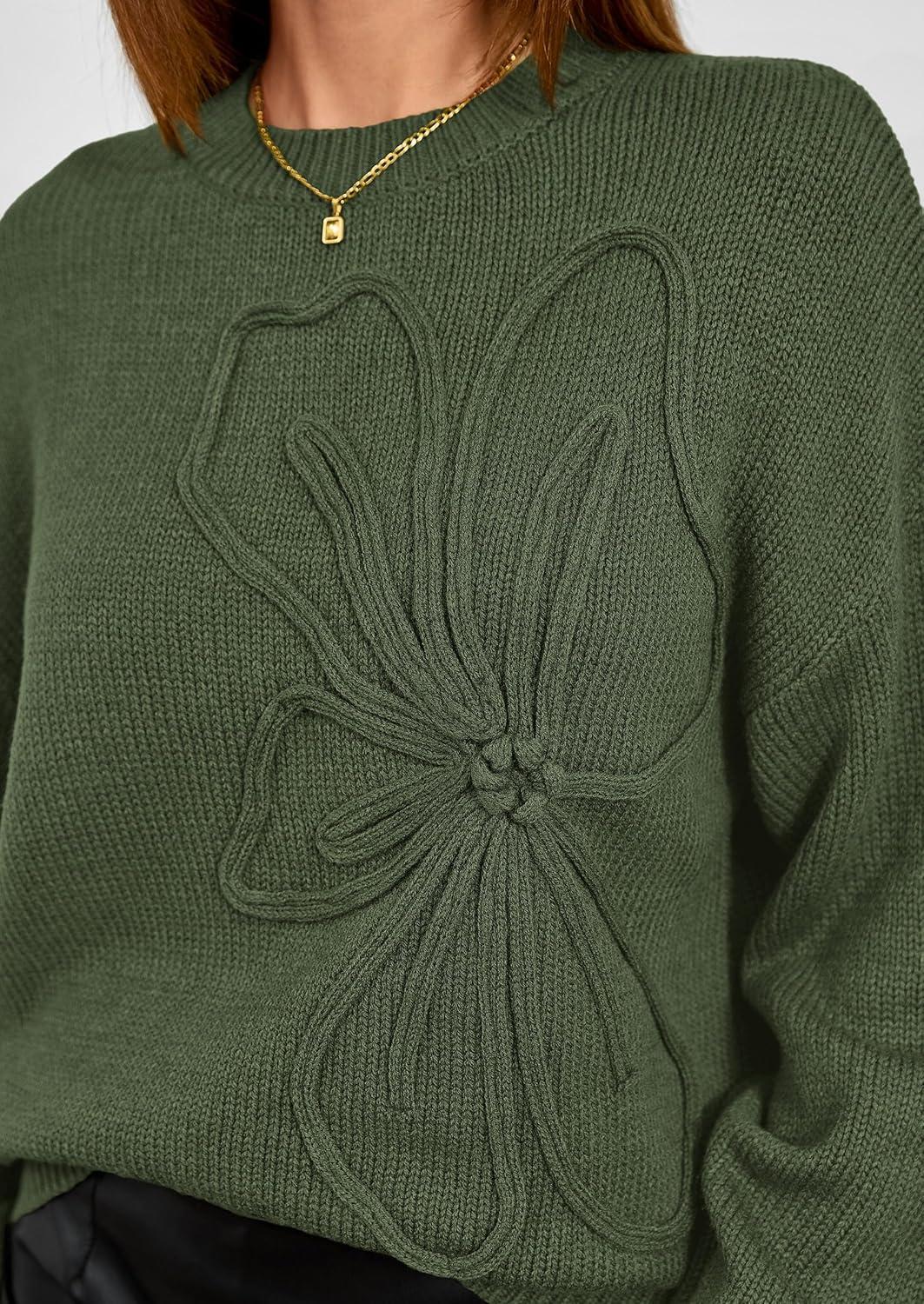 imagePRETTYGARDEN Womens Sweaters 2025 Fall Fashion Long Sleeve Crewneck Floral Knit Pullover Sweater Tops Winter ClothesArmy Green