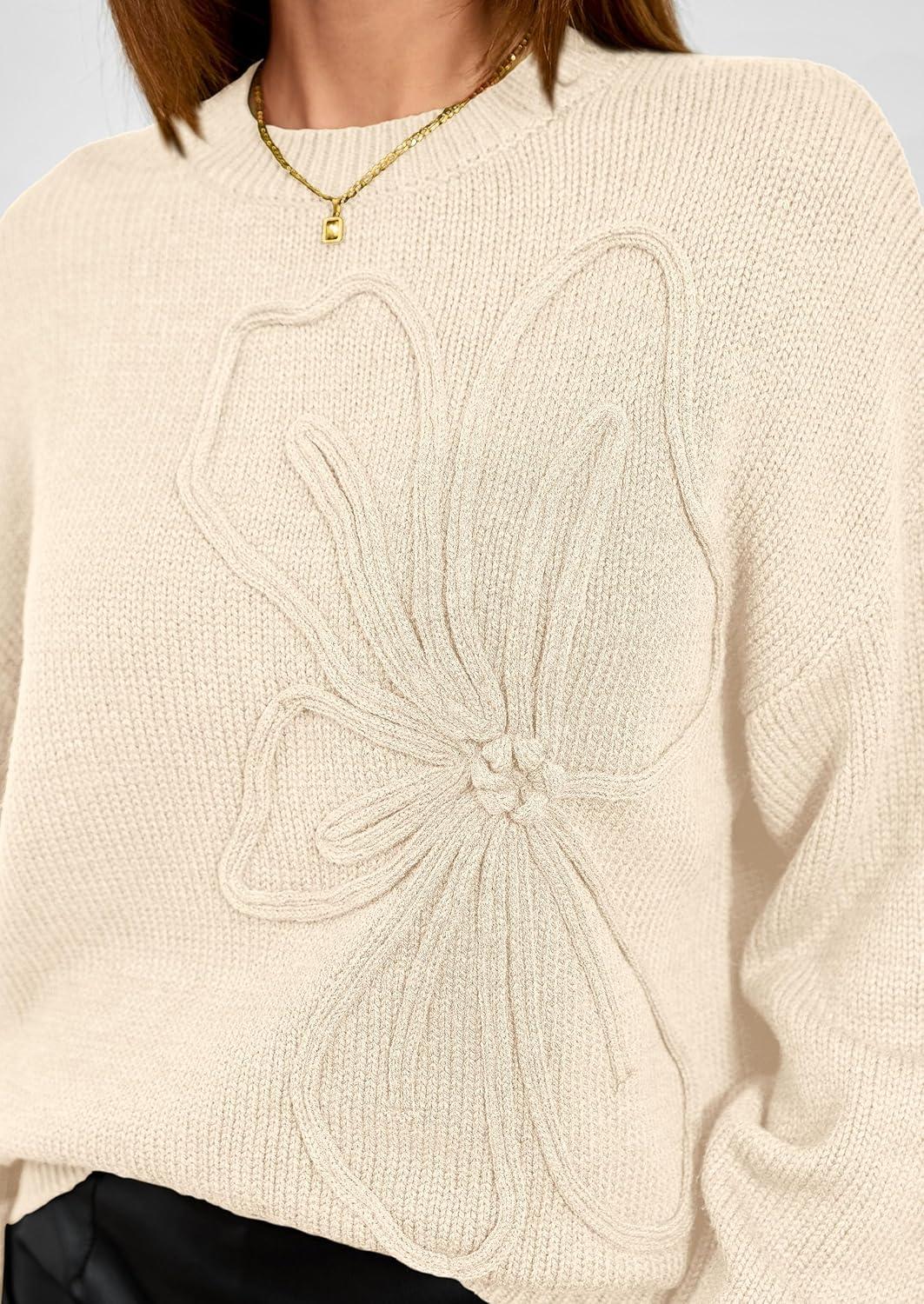 imagePRETTYGARDEN Womens Sweaters 2025 Fall Fashion Long Sleeve Crewneck Floral Knit Pullover Sweater Tops Winter ClothesBeige