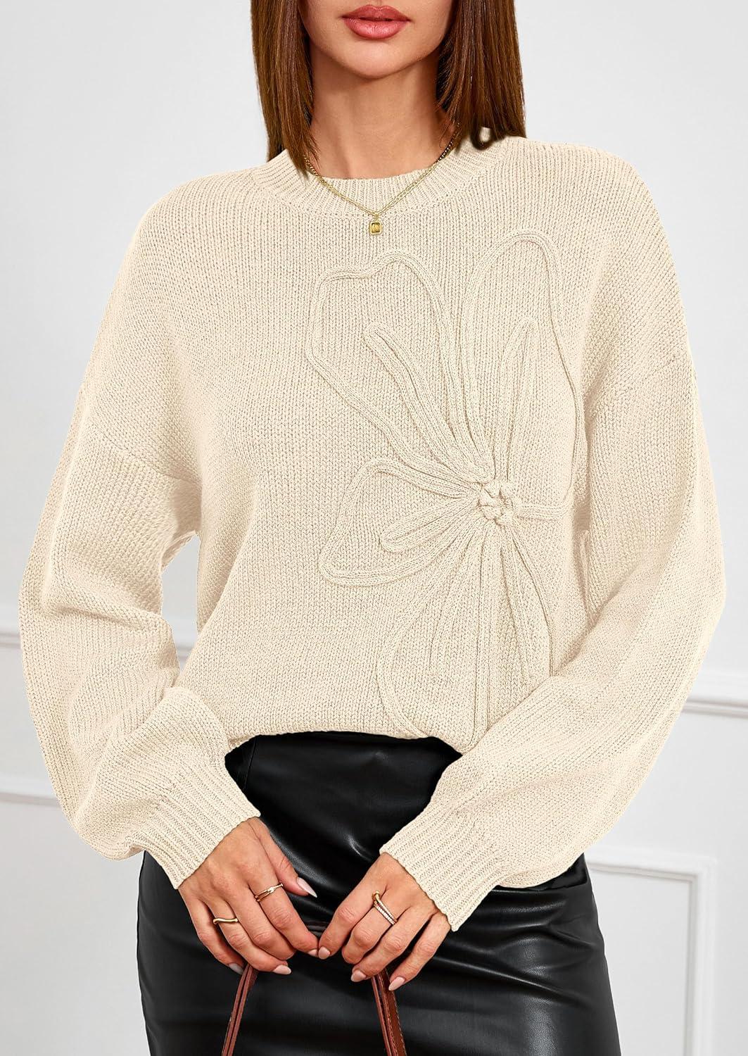 imagePRETTYGARDEN Womens Sweaters 2025 Fall Fashion Long Sleeve Crewneck Floral Knit Pullover Sweater Tops Winter ClothesBeige