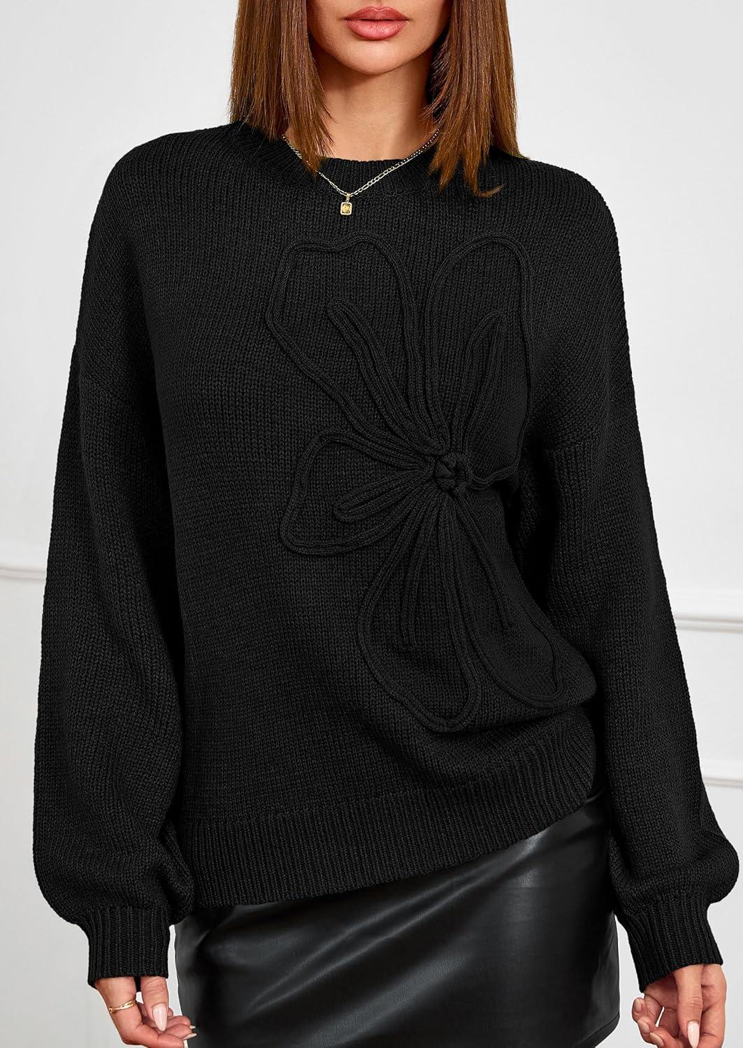 imagePRETTYGARDEN Womens Sweaters 2025 Fall Fashion Long Sleeve Crewneck Floral Knit Pullover Sweater Tops Winter ClothesBlack