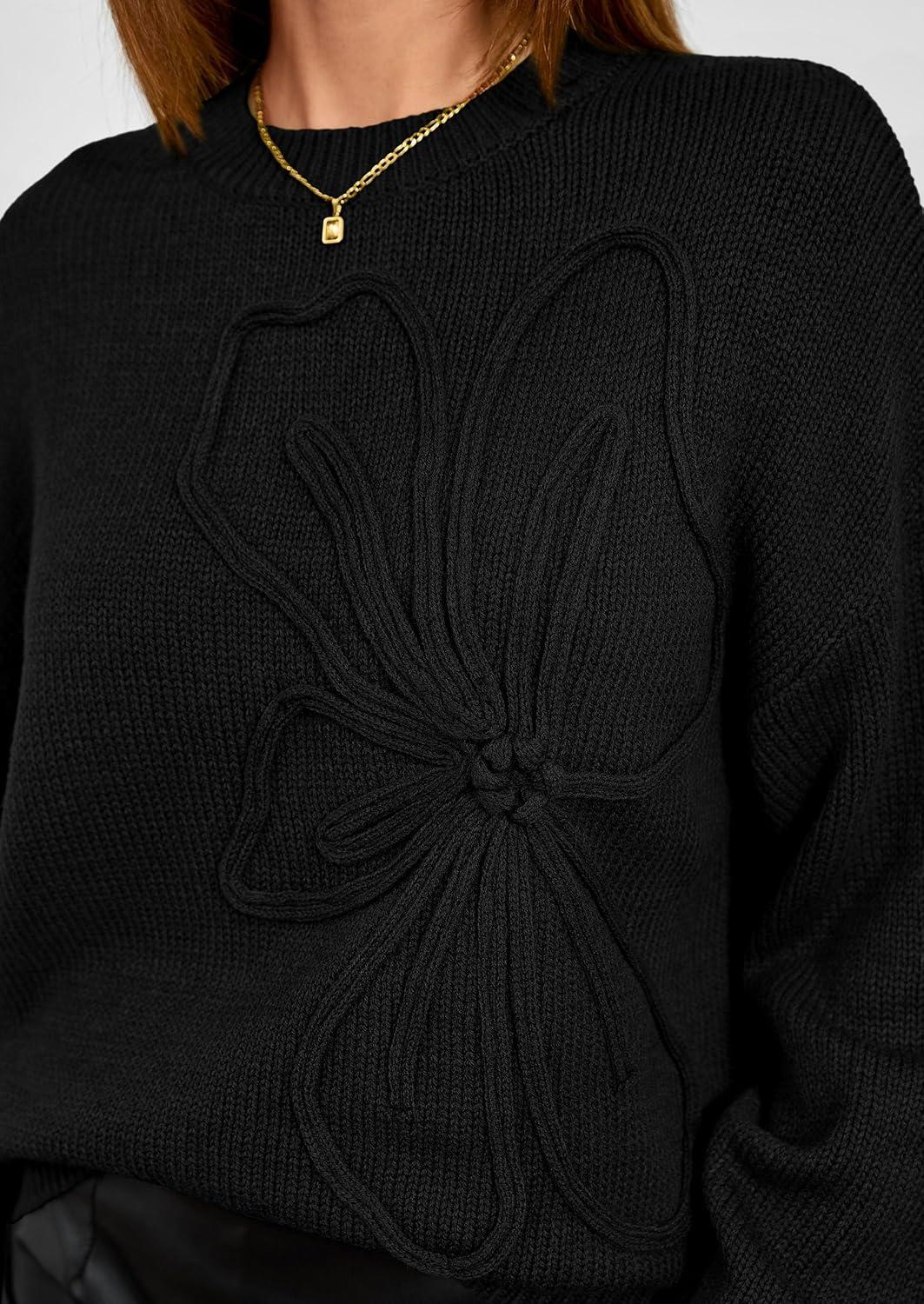 imagePRETTYGARDEN Womens Sweaters 2025 Fall Fashion Long Sleeve Crewneck Floral Knit Pullover Sweater Tops Winter ClothesBlack