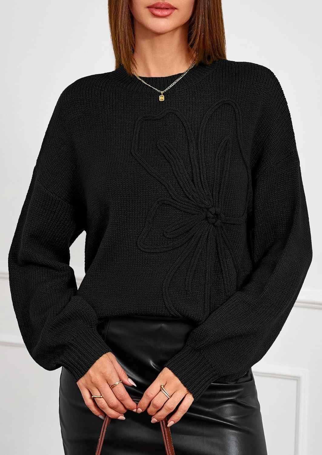 imagePRETTYGARDEN Womens Sweaters 2025 Fall Fashion Long Sleeve Crewneck Floral Knit Pullover Sweater Tops Winter ClothesBlack