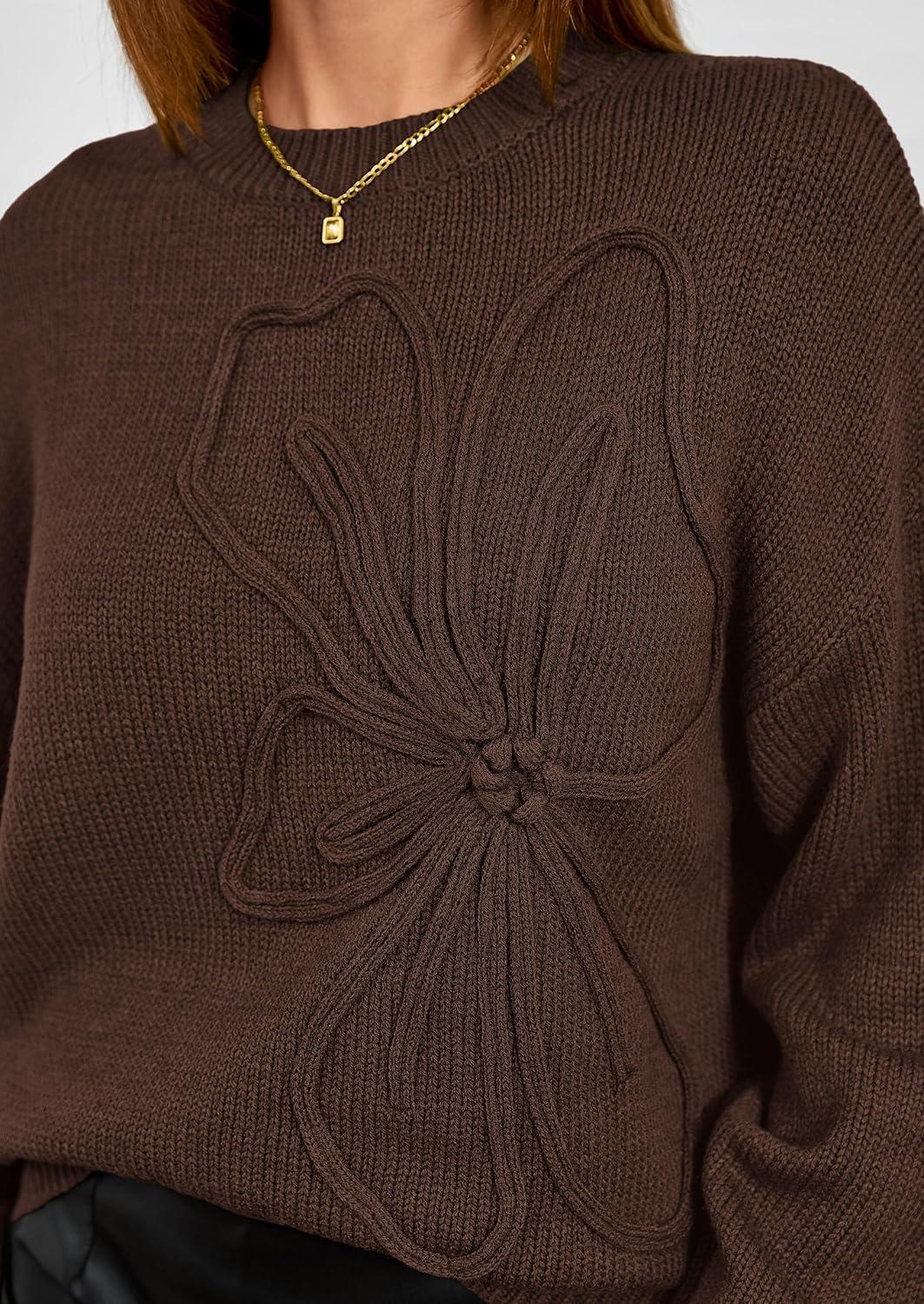 imagePRETTYGARDEN Womens Sweaters 2025 Fall Fashion Long Sleeve Crewneck Floral Knit Pullover Sweater Tops Winter ClothesBrown