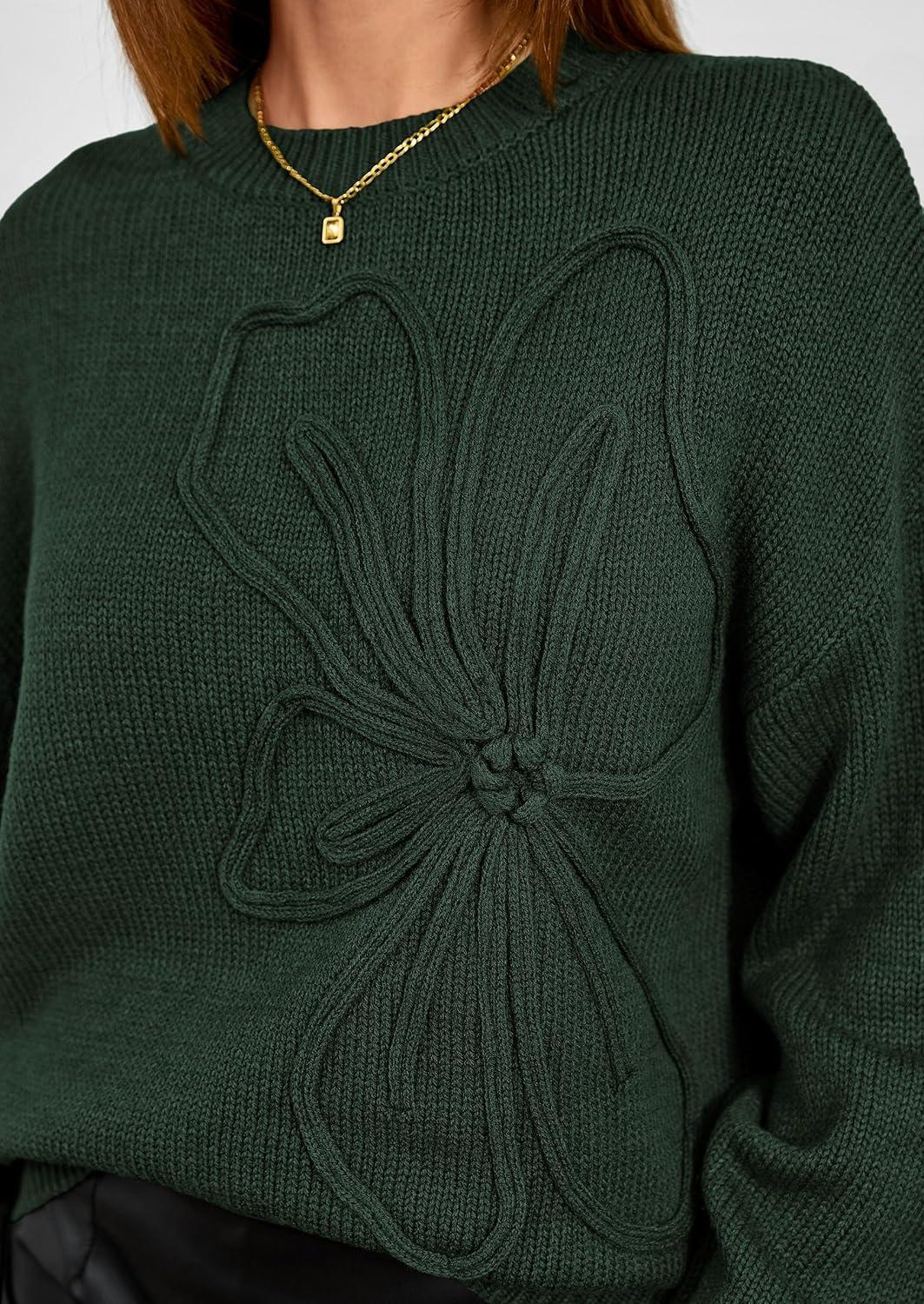 imagePRETTYGARDEN Womens Sweaters 2025 Fall Fashion Long Sleeve Crewneck Floral Knit Pullover Sweater Tops Winter ClothesDark Green