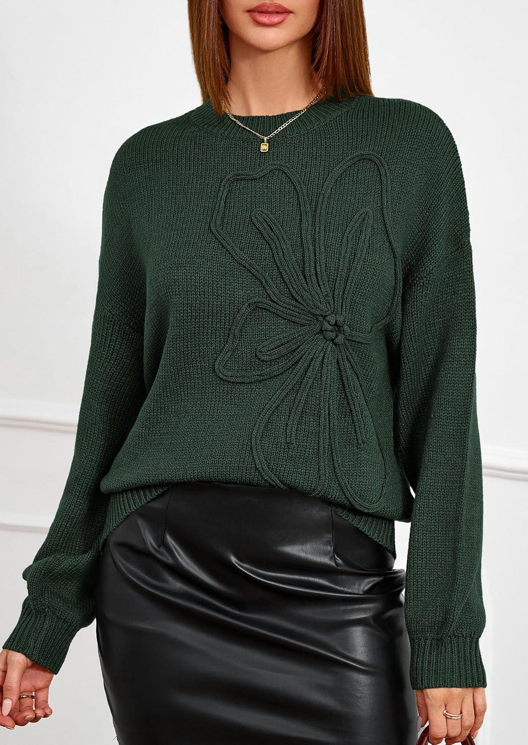 imagePRETTYGARDEN Womens Sweaters 2025 Fall Fashion Long Sleeve Crewneck Floral Knit Pullover Sweater Tops Winter ClothesDark Green