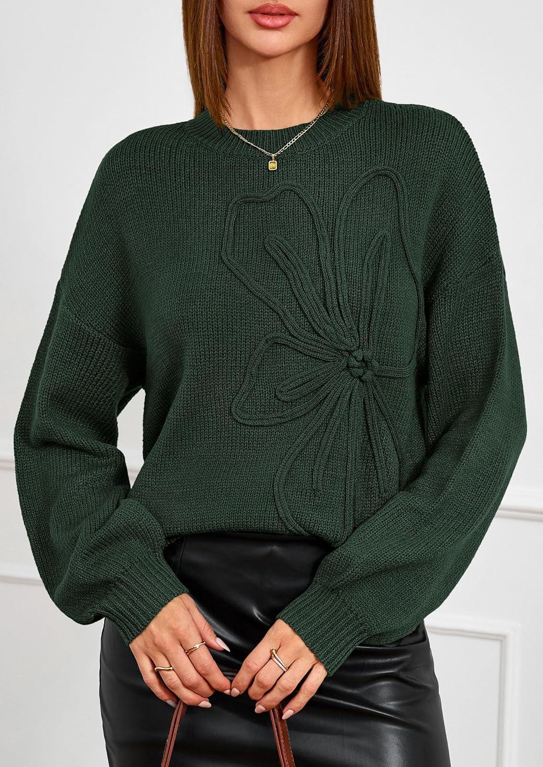 imagePRETTYGARDEN Womens Sweaters 2025 Fall Fashion Long Sleeve Crewneck Floral Knit Pullover Sweater Tops Winter ClothesDark Green