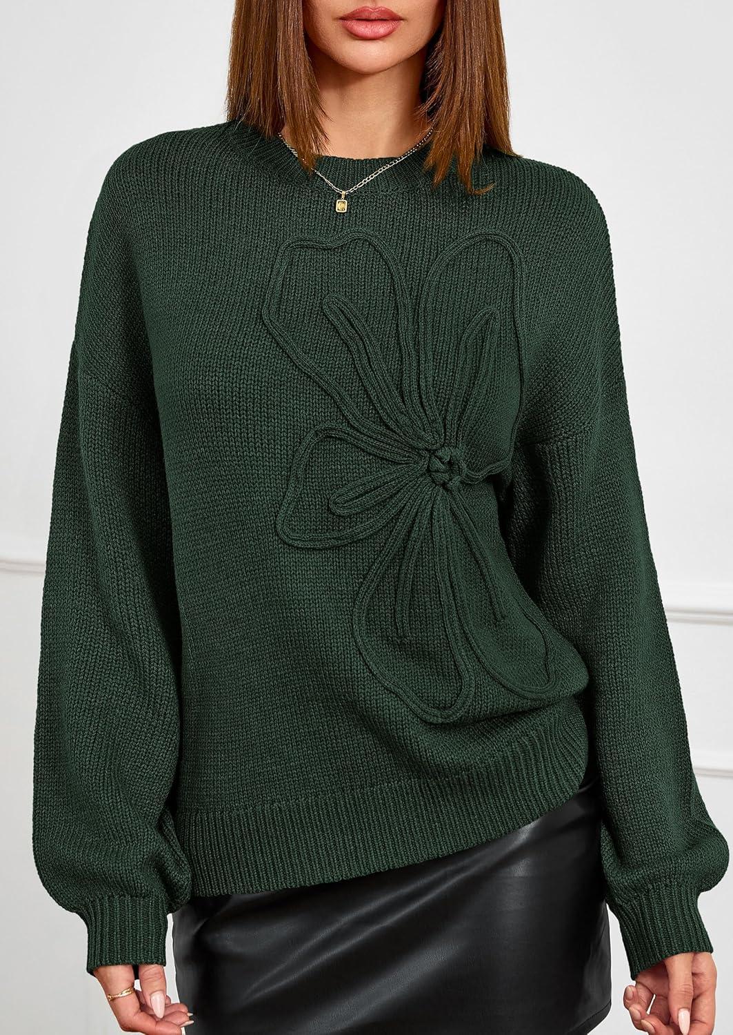 imagePRETTYGARDEN Womens Sweaters 2025 Fall Fashion Long Sleeve Crewneck Floral Knit Pullover Sweater Tops Winter ClothesDark Green