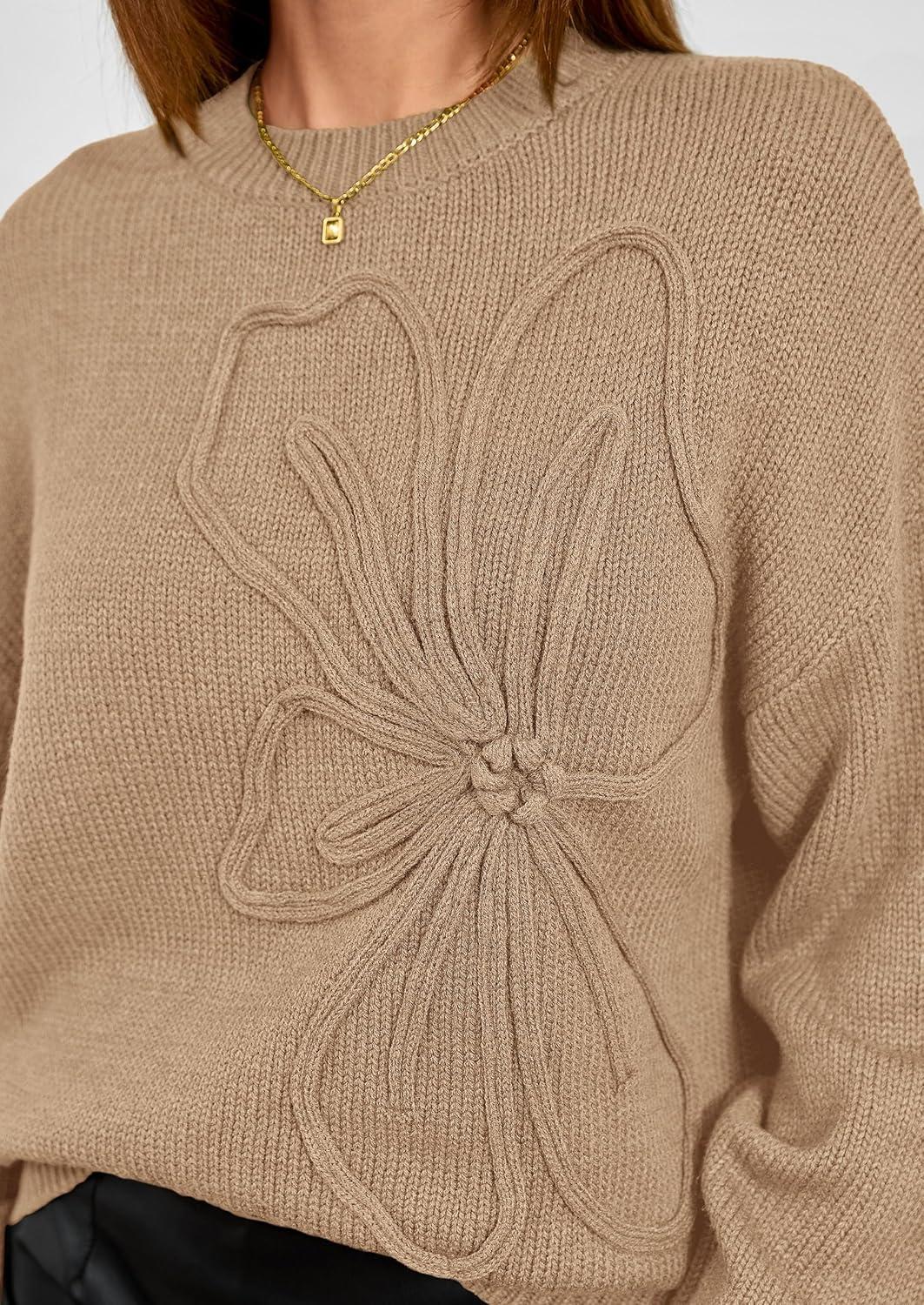 imagePRETTYGARDEN Womens Sweaters 2025 Fall Fashion Long Sleeve Crewneck Floral Knit Pullover Sweater Tops Winter ClothesKhaki