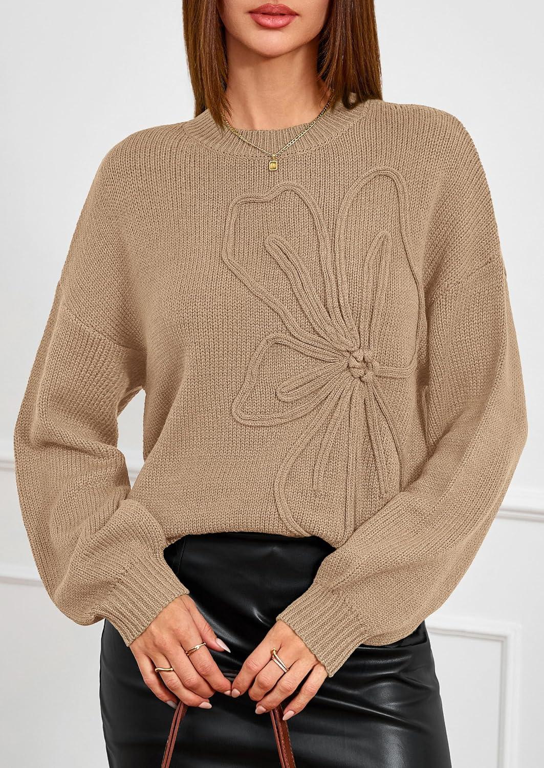 imagePRETTYGARDEN Womens Sweaters 2025 Fall Fashion Long Sleeve Crewneck Floral Knit Pullover Sweater Tops Winter ClothesKhaki