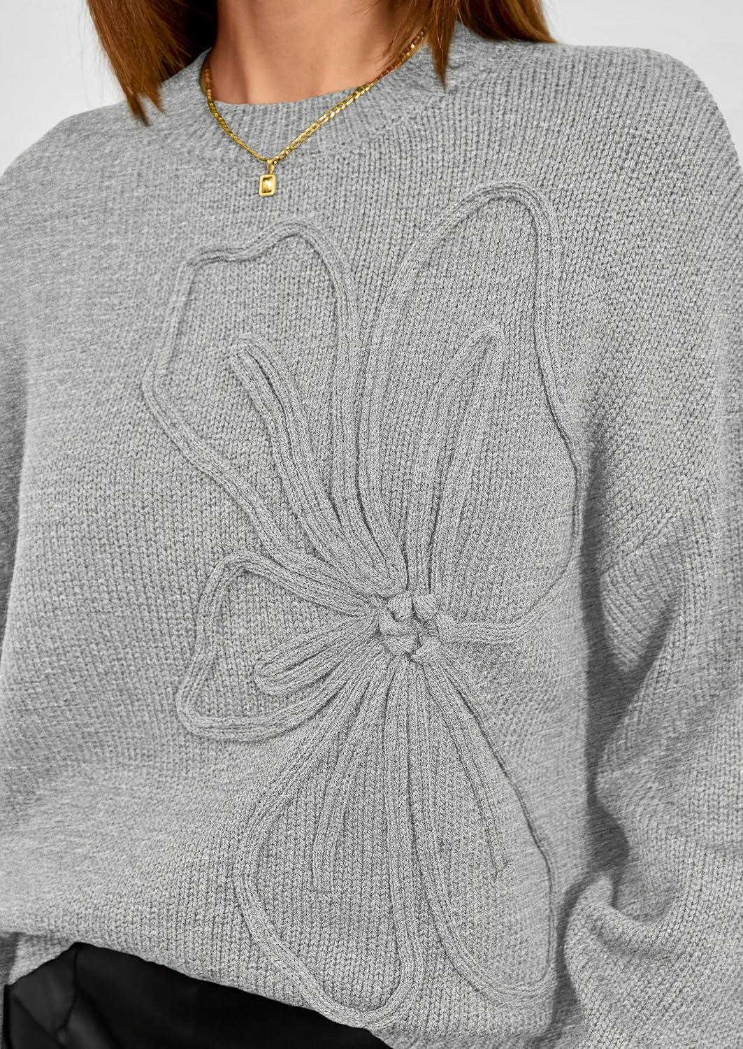 imagePRETTYGARDEN Womens Sweaters 2025 Fall Fashion Long Sleeve Crewneck Floral Knit Pullover Sweater Tops Winter ClothesLight Grey