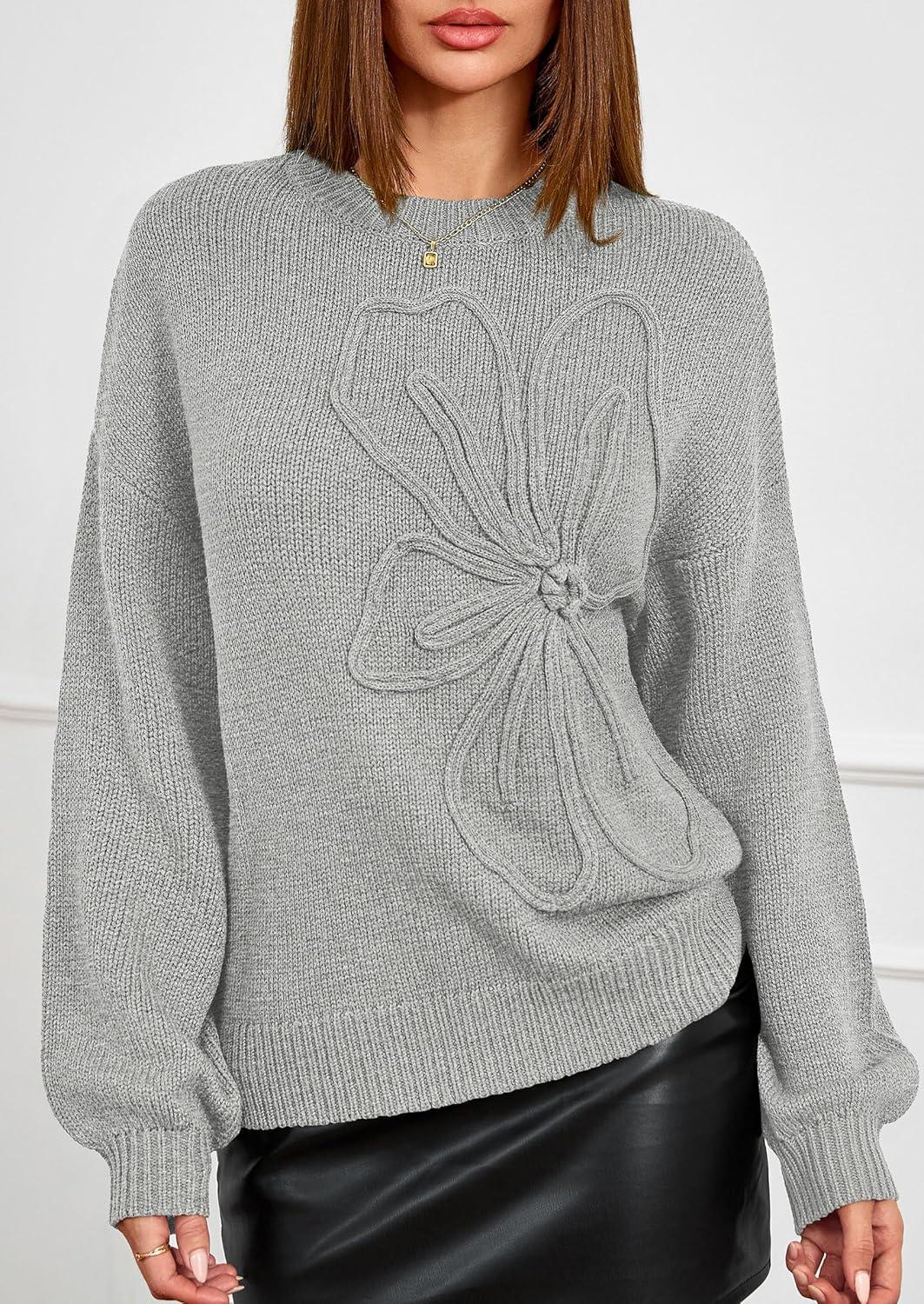 imagePRETTYGARDEN Womens Sweaters 2025 Fall Fashion Long Sleeve Crewneck Floral Knit Pullover Sweater Tops Winter ClothesLight Grey