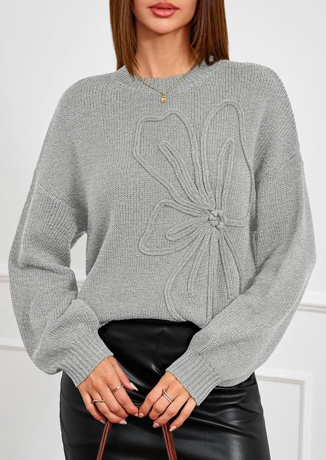 imagePRETTYGARDEN Womens Sweaters 2025 Fall Fashion Long Sleeve Crewneck Floral Knit Pullover Sweater Tops Winter ClothesLight Grey