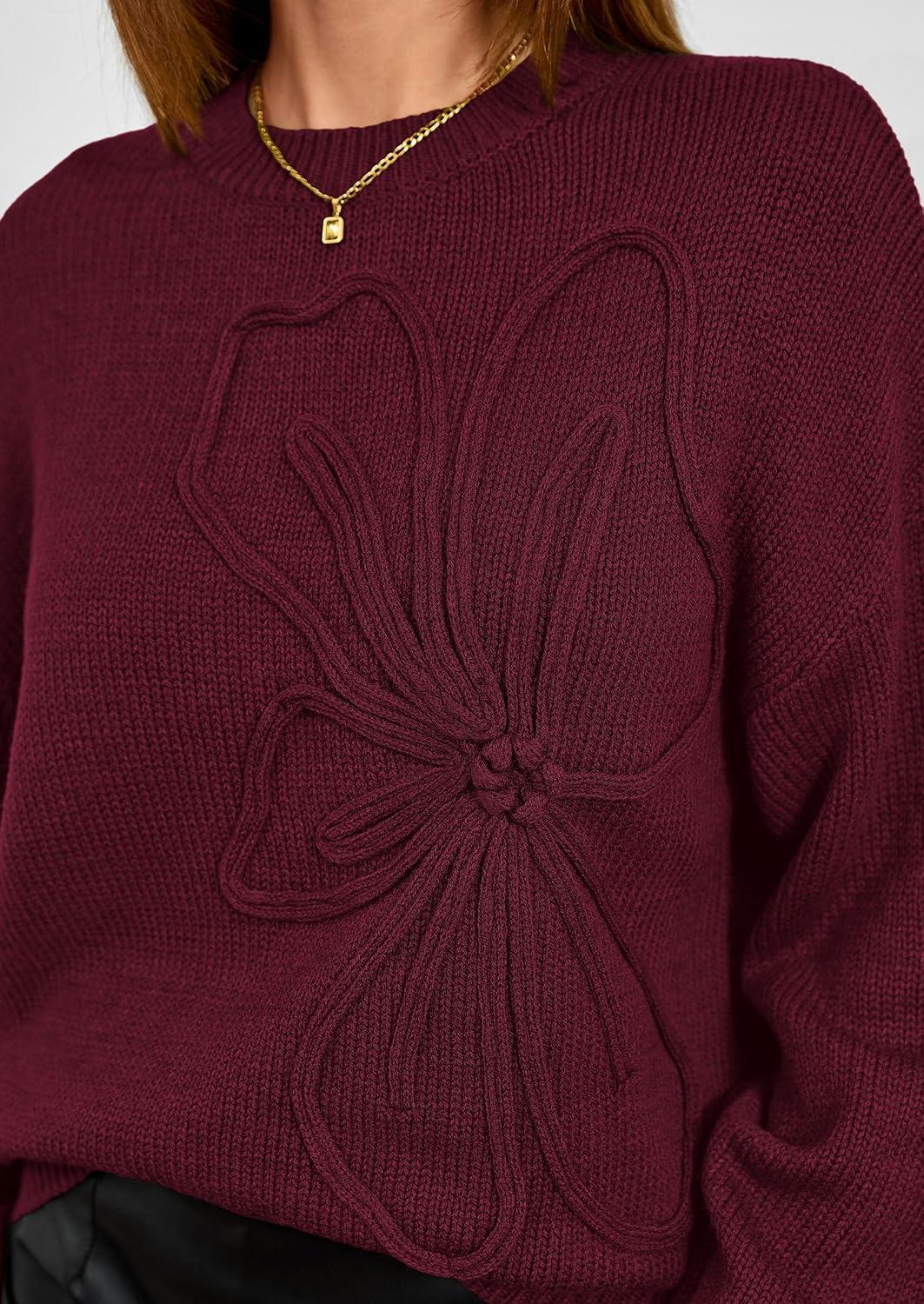 imagePRETTYGARDEN Womens Sweaters 2025 Fall Fashion Long Sleeve Crewneck Floral Knit Pullover Sweater Tops Winter ClothesWine Red