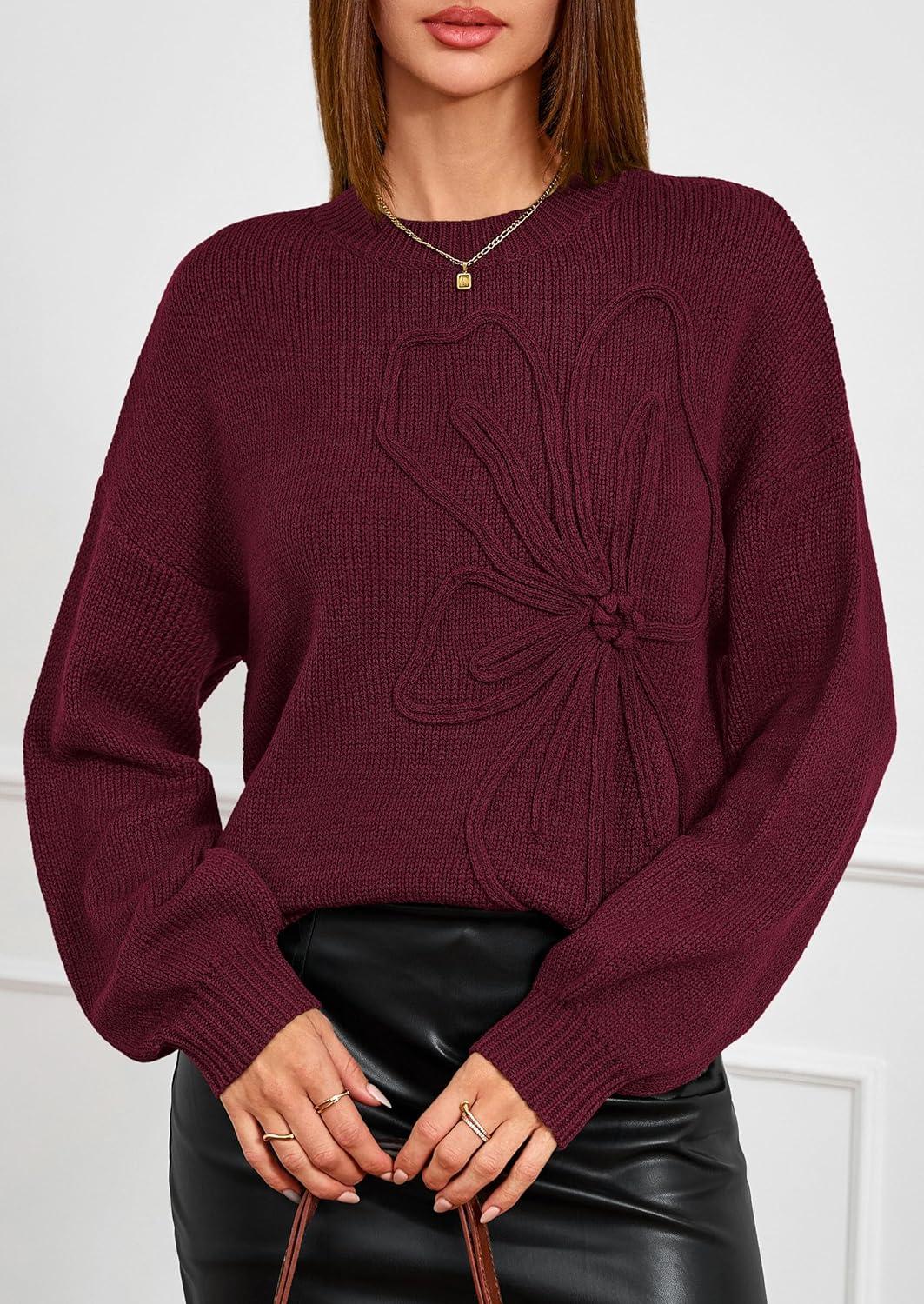 imagePRETTYGARDEN Womens Sweaters 2025 Fall Fashion Long Sleeve Crewneck Floral Knit Pullover Sweater Tops Winter ClothesWine Red