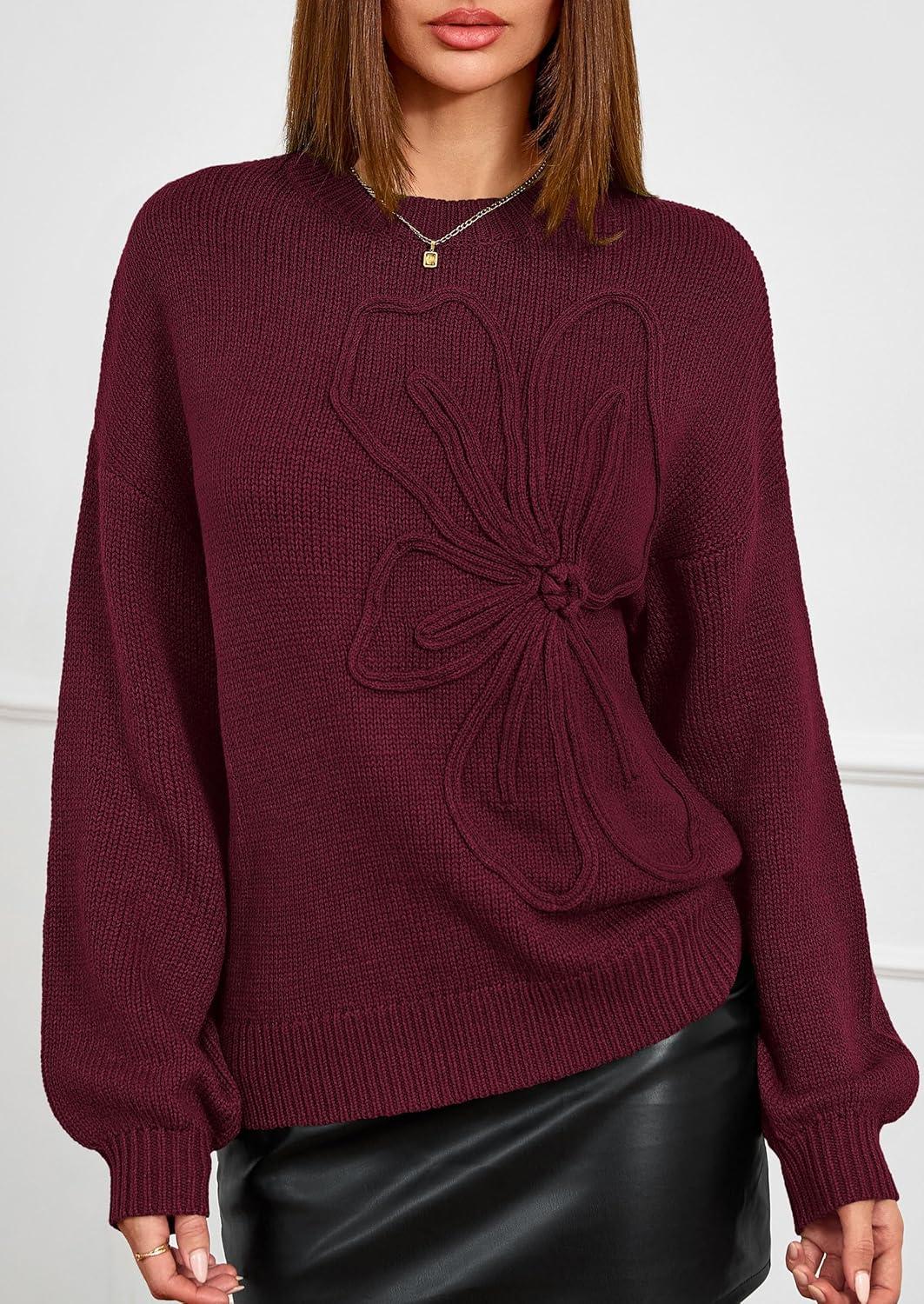 imagePRETTYGARDEN Womens Sweaters 2025 Fall Fashion Long Sleeve Crewneck Floral Knit Pullover Sweater Tops Winter ClothesWine Red