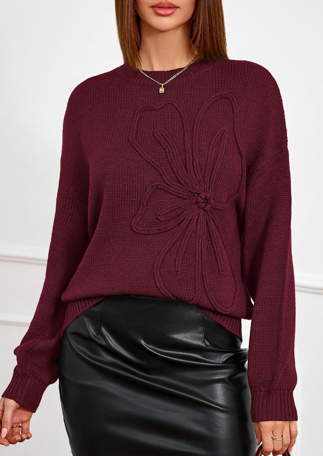 imagePRETTYGARDEN Womens Sweaters 2025 Fall Fashion Long Sleeve Crewneck Floral Knit Pullover Sweater Tops Winter ClothesWine Red