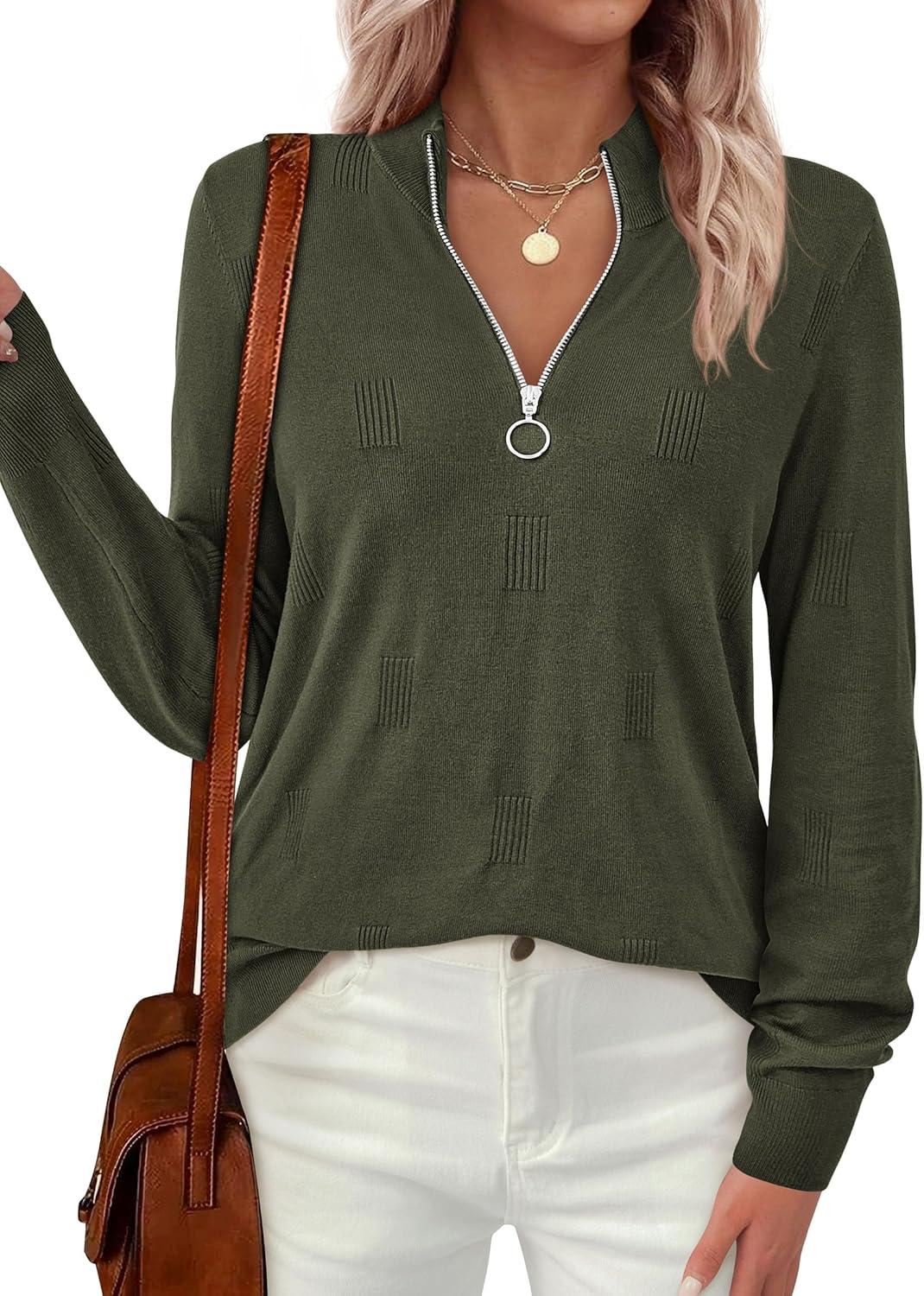 imagePRETTYGARDEN Womens Sweaters Quarter Zip Knit Long Sleeve Business Casual Pullover Tops 2025 Fall Fashion Work OutfitsArmy Green