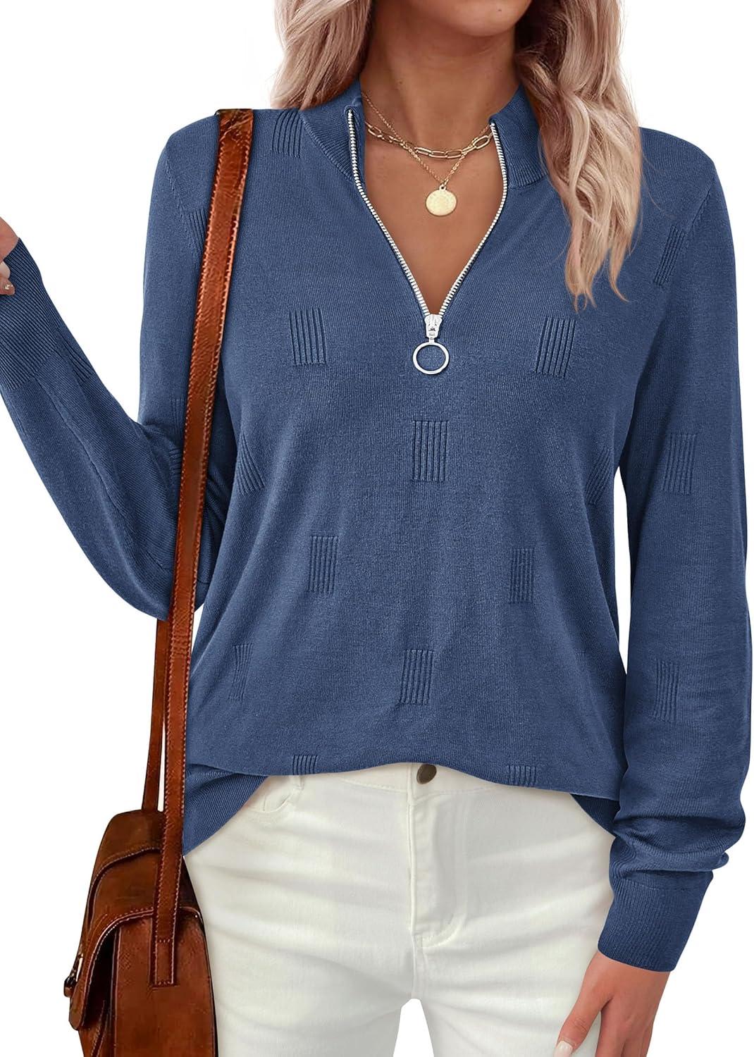 imagePRETTYGARDEN Womens Sweaters Quarter Zip Knit Long Sleeve Business Casual Pullover Tops 2025 Fall Fashion Work OutfitsGrey Blue