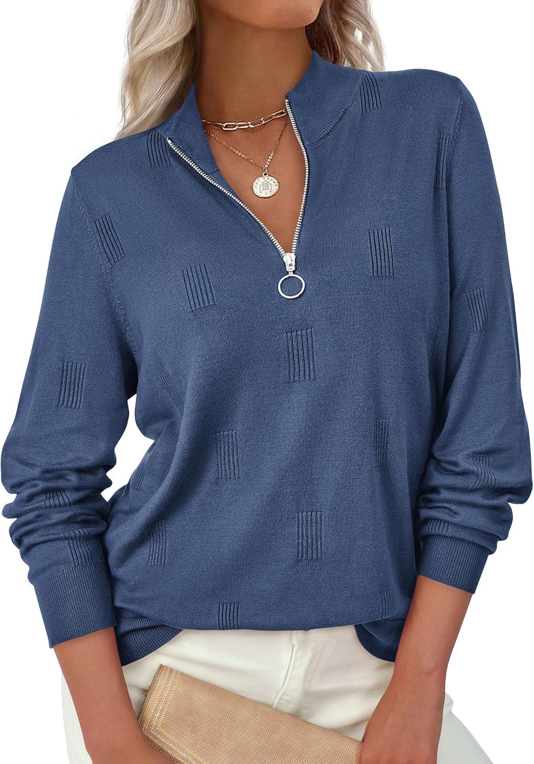 imagePRETTYGARDEN Womens Sweaters Quarter Zip Knit Long Sleeve Business Casual Pullover Tops 2025 Fall Fashion Work OutfitsGrey Blue