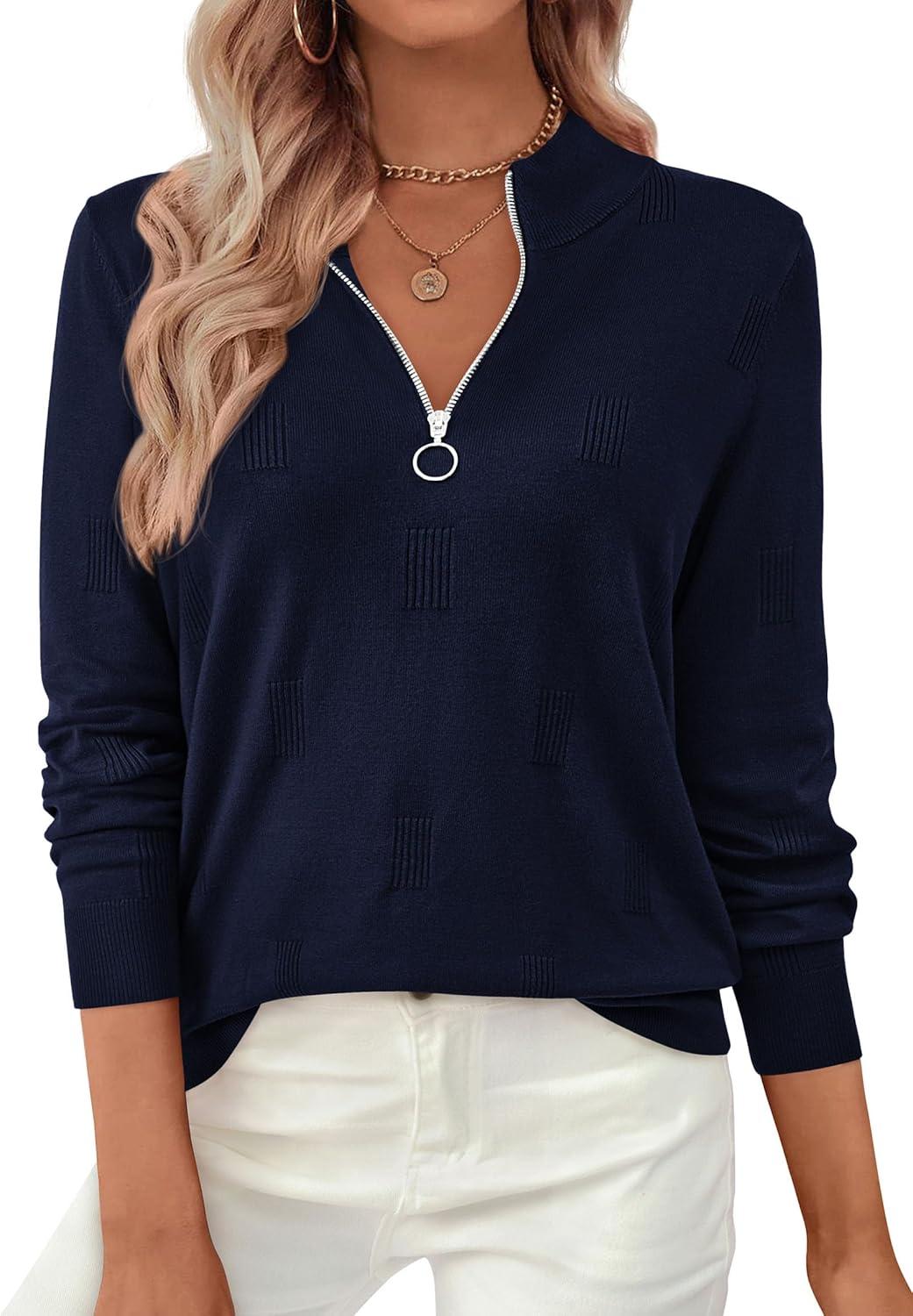 imagePRETTYGARDEN Womens Sweaters Quarter Zip Knit Long Sleeve Business Casual Pullover Tops 2025 Fall Fashion Work OutfitsNavy Blue