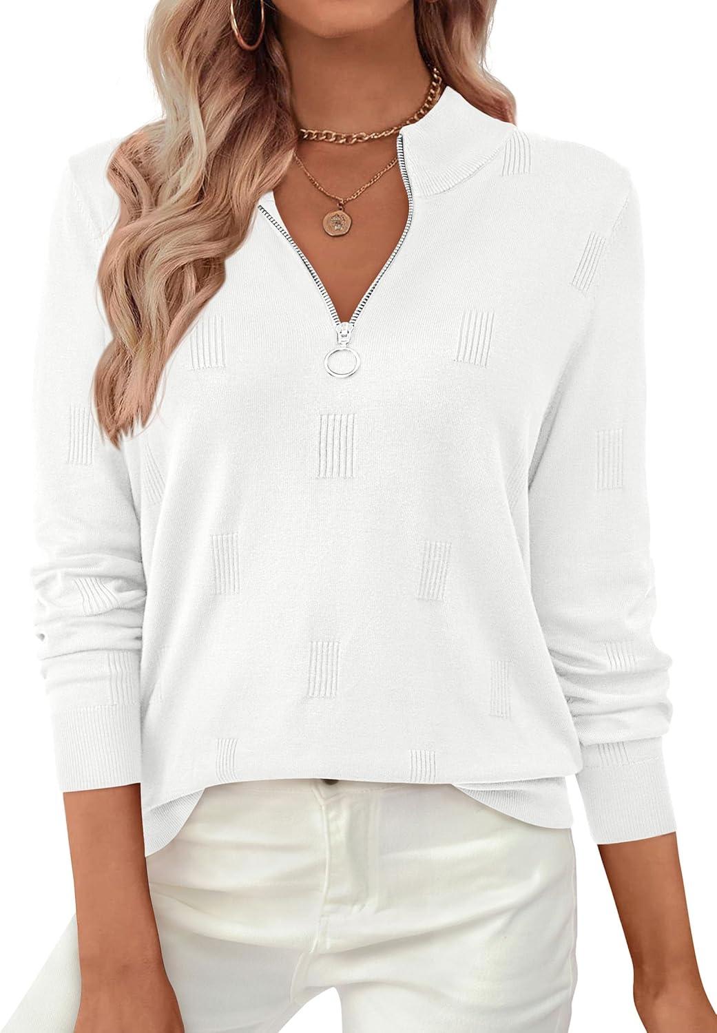 imagePRETTYGARDEN Womens Sweaters Quarter Zip Knit Long Sleeve Business Casual Pullover Tops 2025 Fall Fashion Work OutfitsWhite