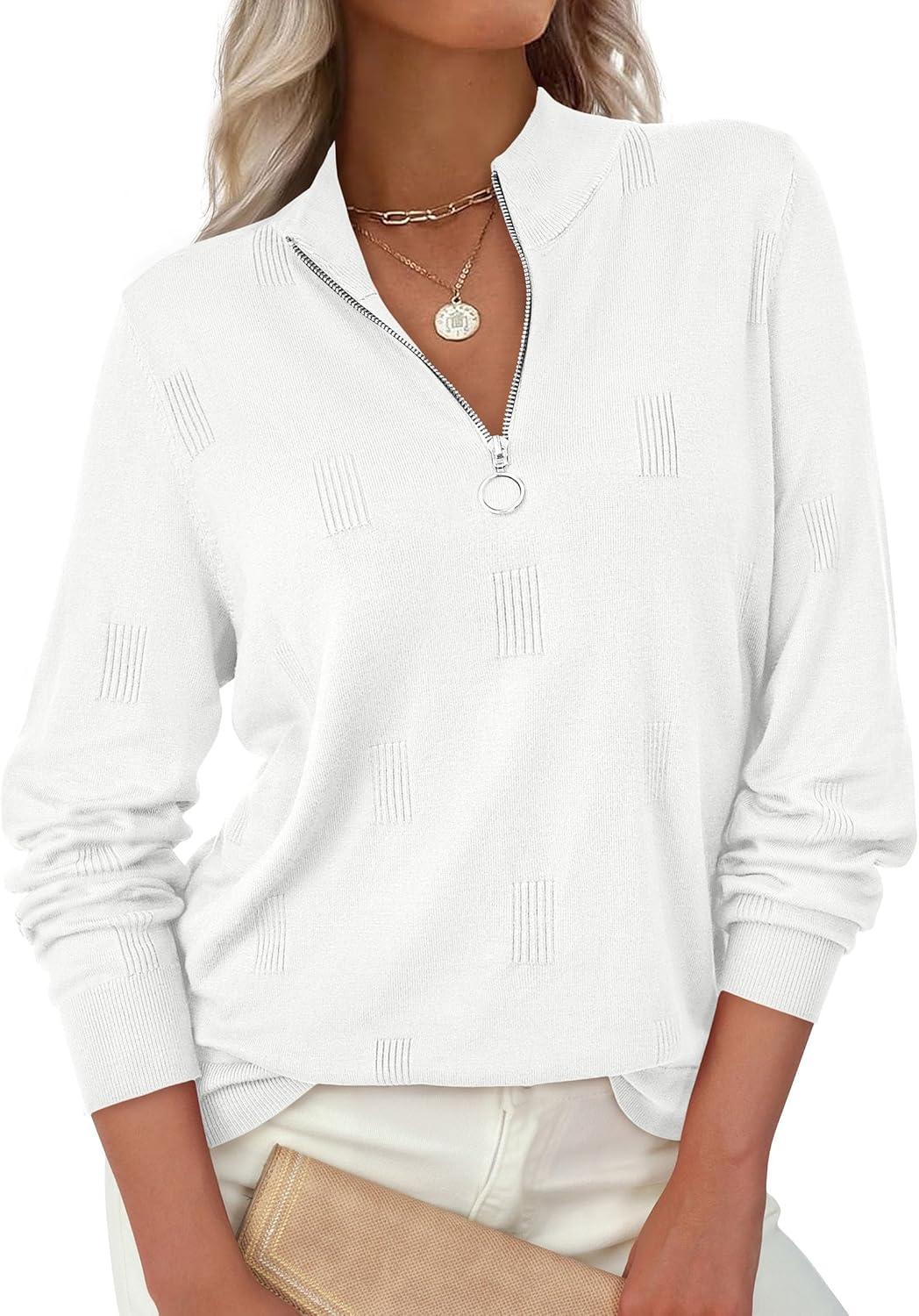 imagePRETTYGARDEN Womens Sweaters Quarter Zip Knit Long Sleeve Business Casual Pullover Tops 2025 Fall Fashion Work OutfitsWhite