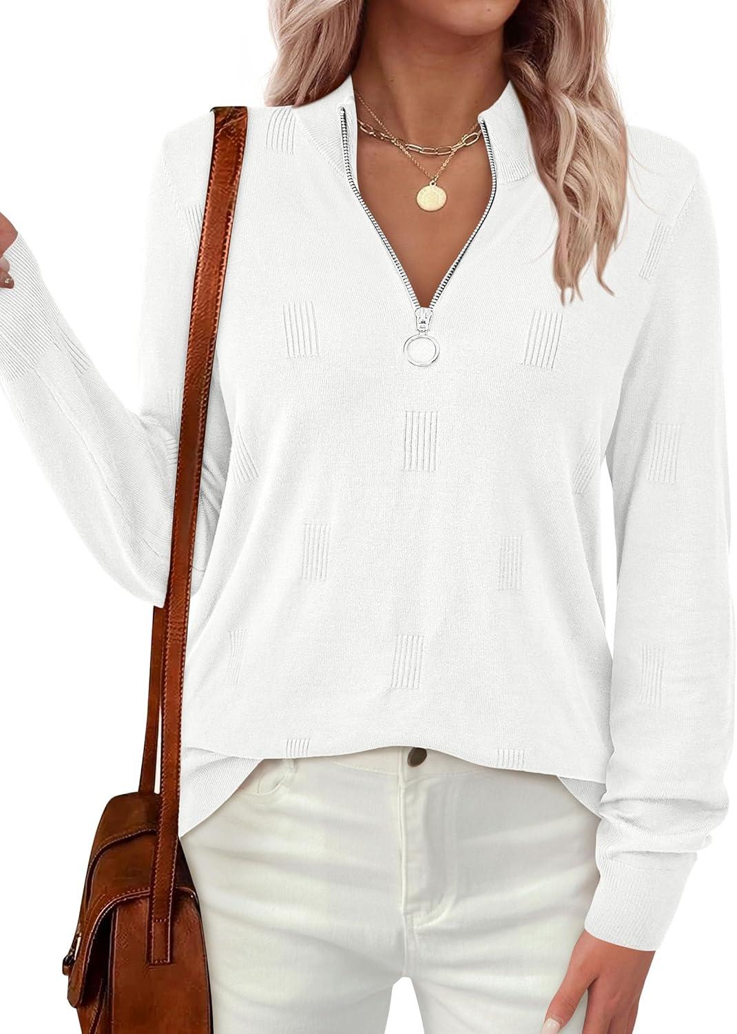 imagePRETTYGARDEN Womens Sweaters Quarter Zip Knit Long Sleeve Business Casual Pullover Tops 2025 Fall Fashion Work OutfitsWhite