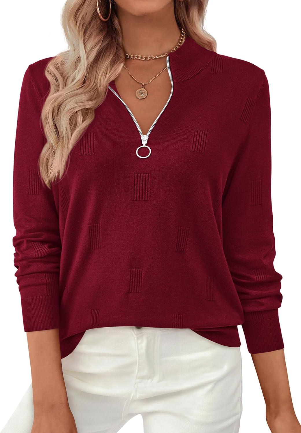 imagePRETTYGARDEN Womens Sweaters Quarter Zip Knit Long Sleeve Business Casual Pullover Tops 2025 Fall Fashion Work OutfitsWine Red