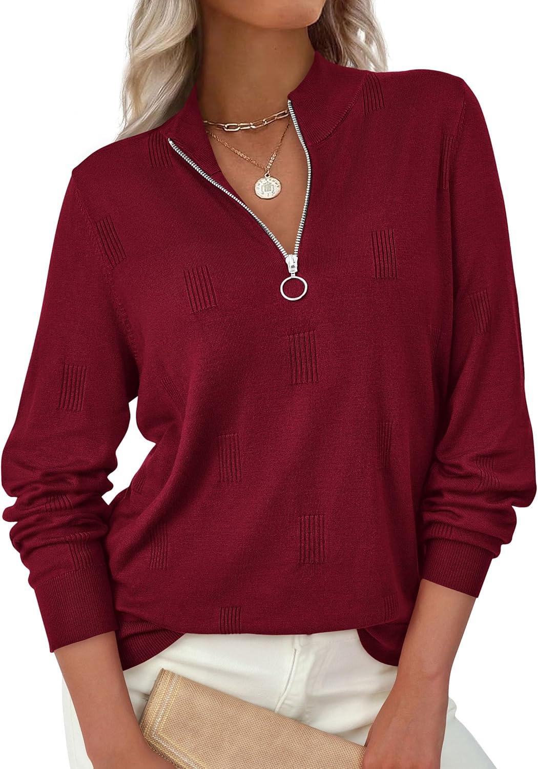 imagePRETTYGARDEN Womens Sweaters Quarter Zip Knit Long Sleeve Business Casual Pullover Tops 2025 Fall Fashion Work OutfitsWine Red