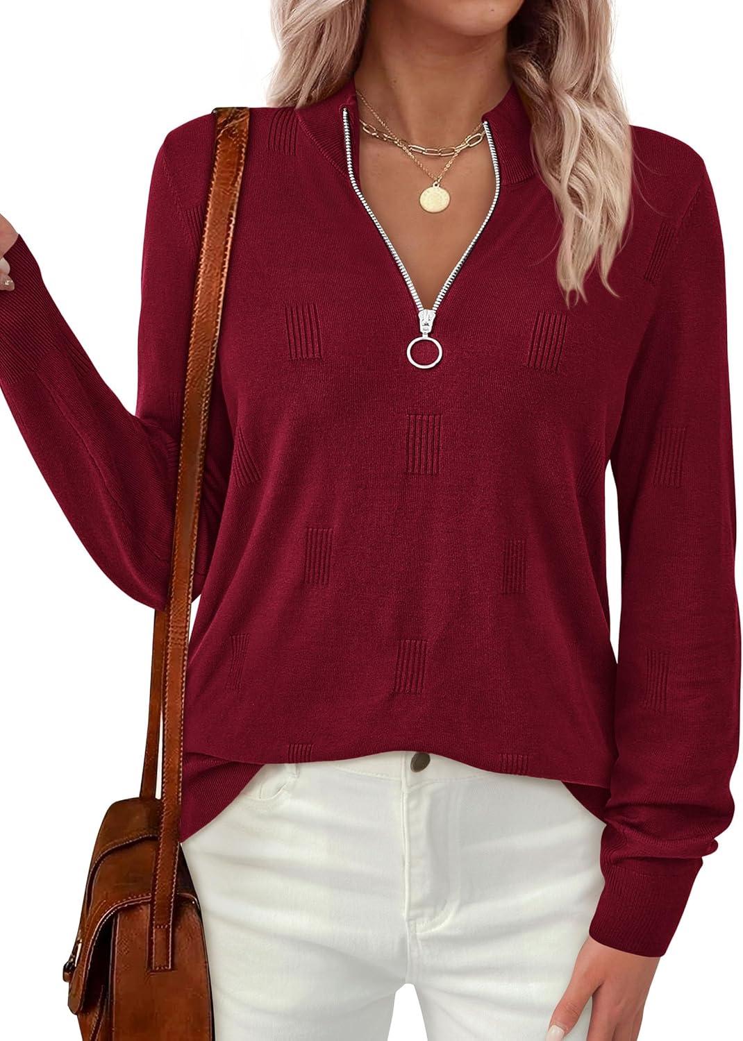 imagePRETTYGARDEN Womens Sweaters Quarter Zip Knit Long Sleeve Business Casual Pullover Tops 2025 Fall Fashion Work OutfitsWine Red