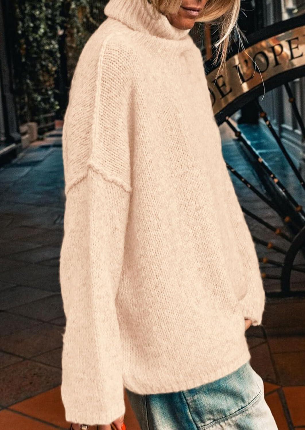 imagePRETTYGARDEN Womens Turtleneck Long Sleeve Sweater 2025 Fall Trendy Loose Fit Knit Tops Oversized Pullover SweatersApricot