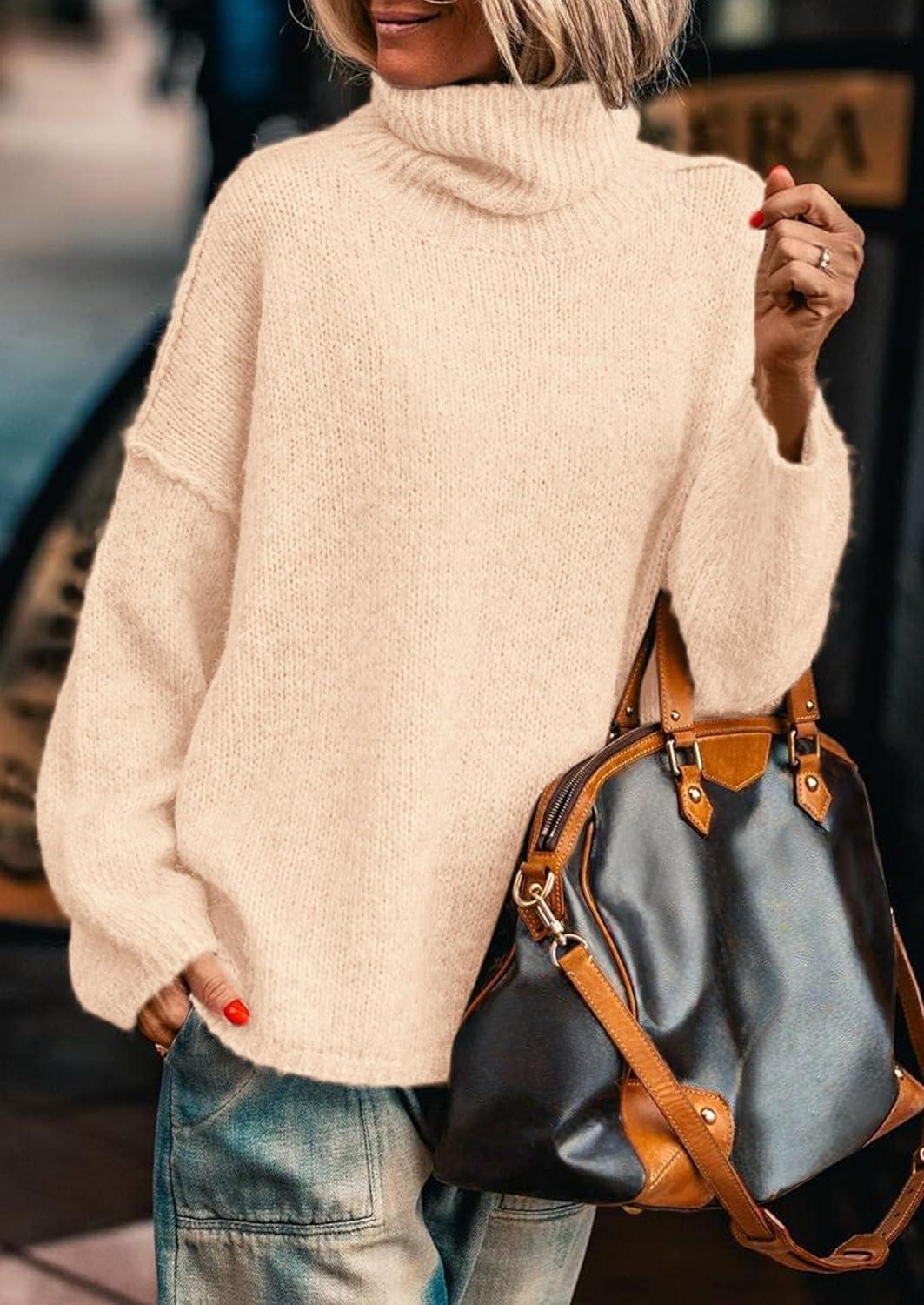 imagePRETTYGARDEN Womens Turtleneck Long Sleeve Sweater 2025 Fall Trendy Loose Fit Knit Tops Oversized Pullover SweatersApricot