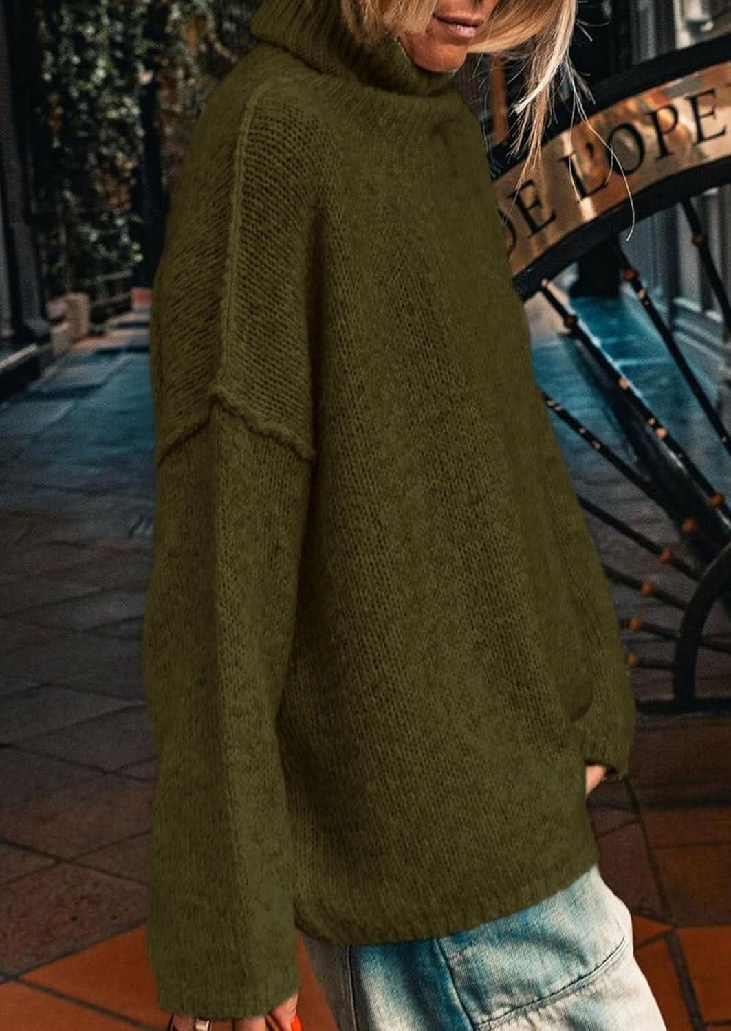 imagePRETTYGARDEN Womens Turtleneck Long Sleeve Sweater 2025 Fall Trendy Loose Fit Knit Tops Oversized Pullover SweatersArmy Green