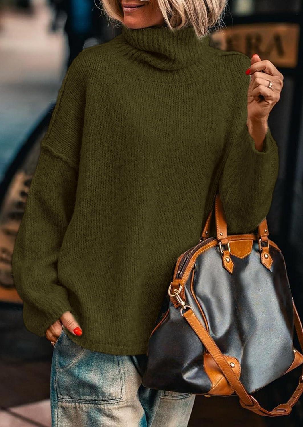 imagePRETTYGARDEN Womens Turtleneck Long Sleeve Sweater 2025 Fall Trendy Loose Fit Knit Tops Oversized Pullover SweatersArmy Green