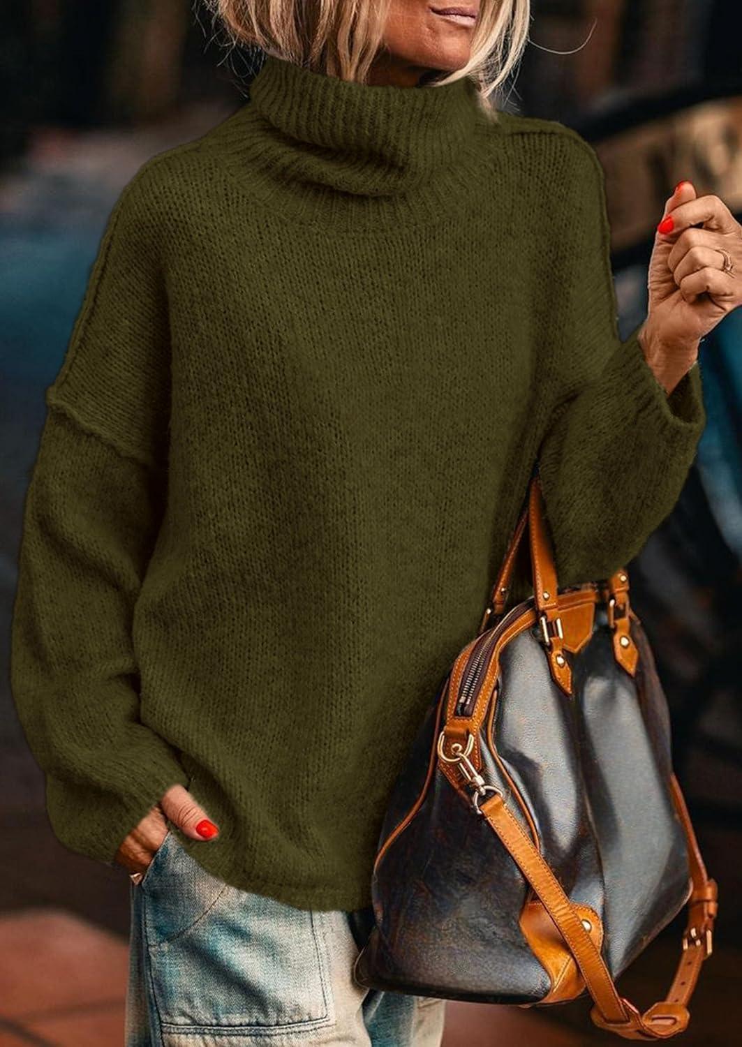 imagePRETTYGARDEN Womens Turtleneck Long Sleeve Sweater 2025 Fall Trendy Loose Fit Knit Tops Oversized Pullover SweatersArmy Green