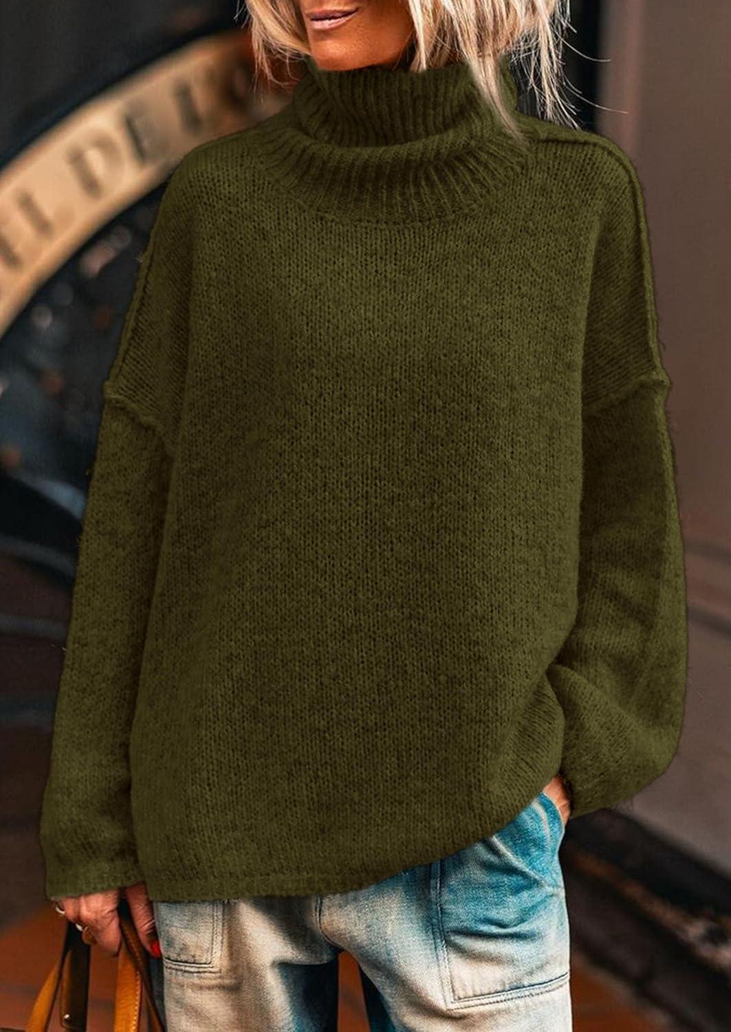 imagePRETTYGARDEN Womens Turtleneck Long Sleeve Sweater 2025 Fall Trendy Loose Fit Knit Tops Oversized Pullover SweatersArmy Green