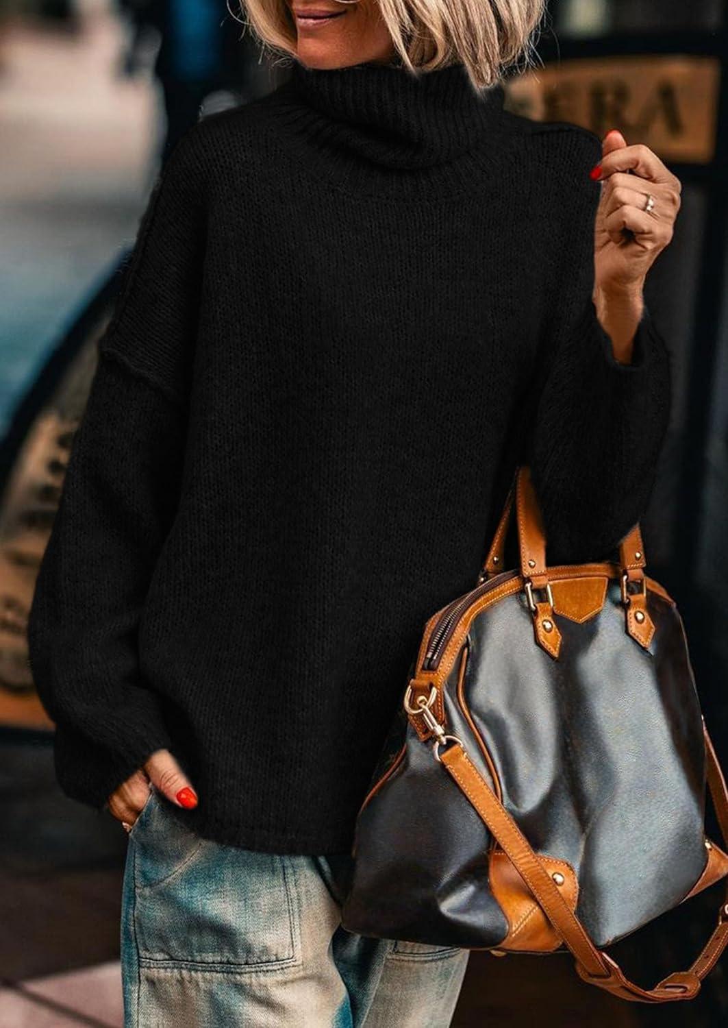 imagePRETTYGARDEN Womens Turtleneck Long Sleeve Sweater 2025 Fall Trendy Loose Fit Knit Tops Oversized Pullover SweatersBlack