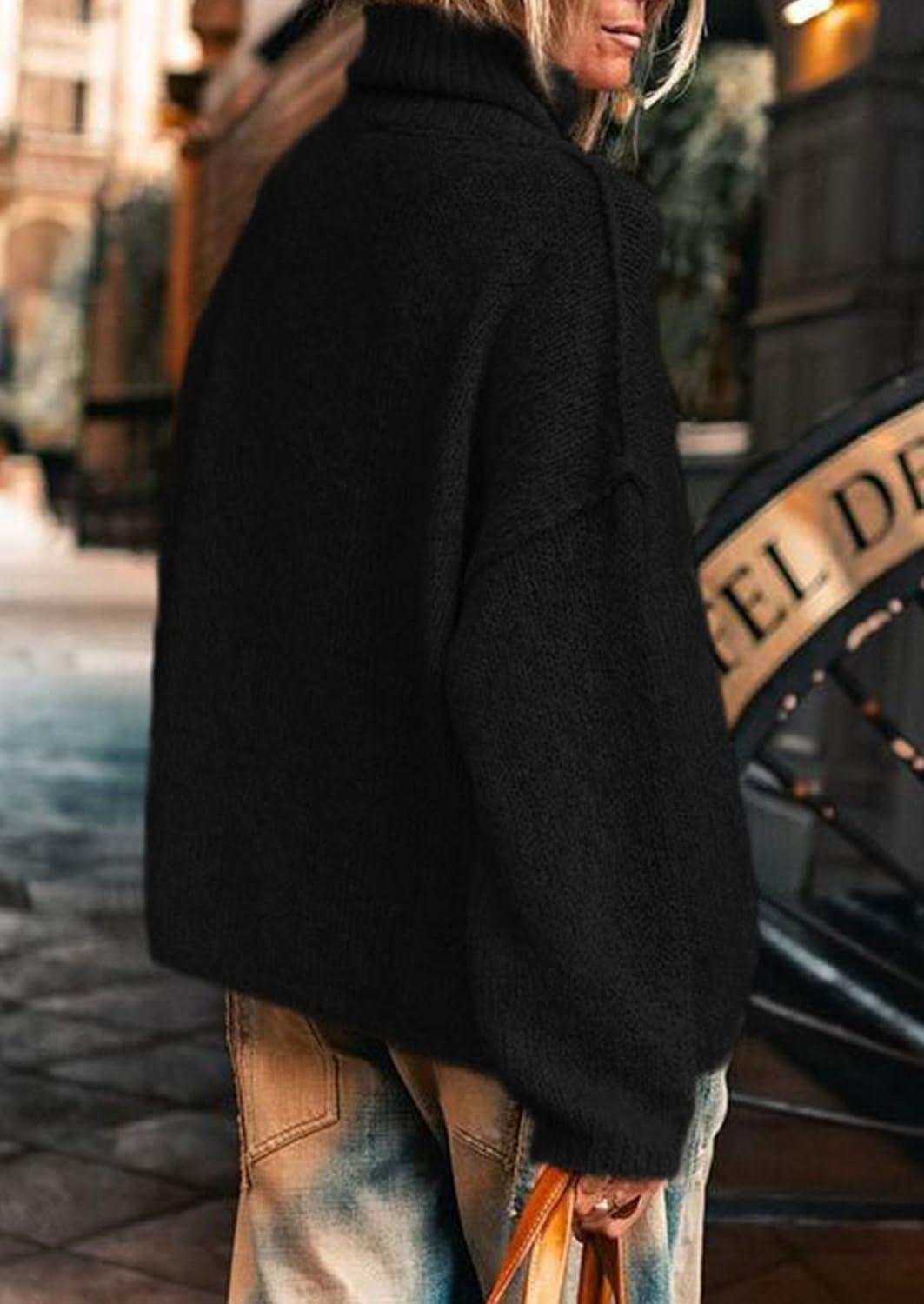 imagePRETTYGARDEN Womens Turtleneck Long Sleeve Sweater 2025 Fall Trendy Loose Fit Knit Tops Oversized Pullover SweatersBlack