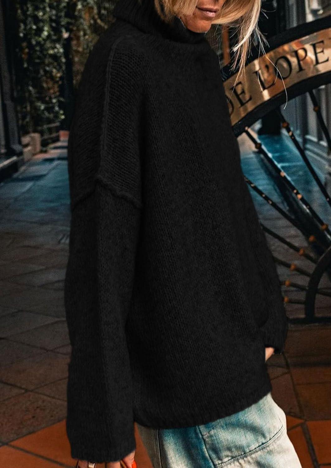 imagePRETTYGARDEN Womens Turtleneck Long Sleeve Sweater 2025 Fall Trendy Loose Fit Knit Tops Oversized Pullover SweatersBlack