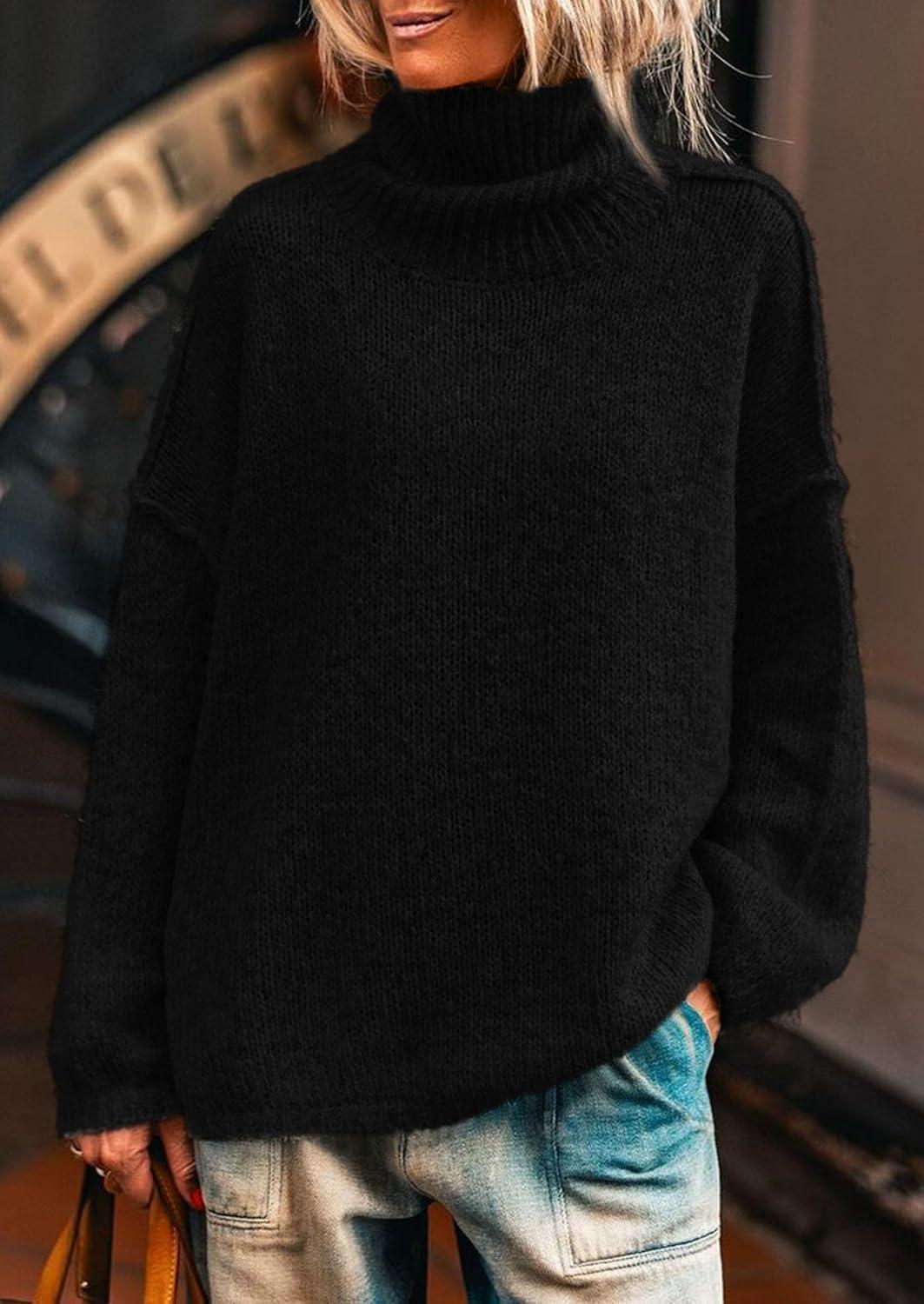 imagePRETTYGARDEN Womens Turtleneck Long Sleeve Sweater 2025 Fall Trendy Loose Fit Knit Tops Oversized Pullover SweatersBlack