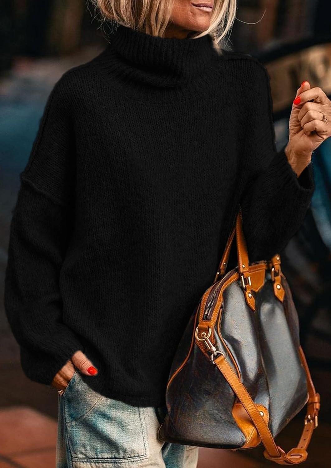 imagePRETTYGARDEN Womens Turtleneck Long Sleeve Sweater 2025 Fall Trendy Loose Fit Knit Tops Oversized Pullover SweatersBlack