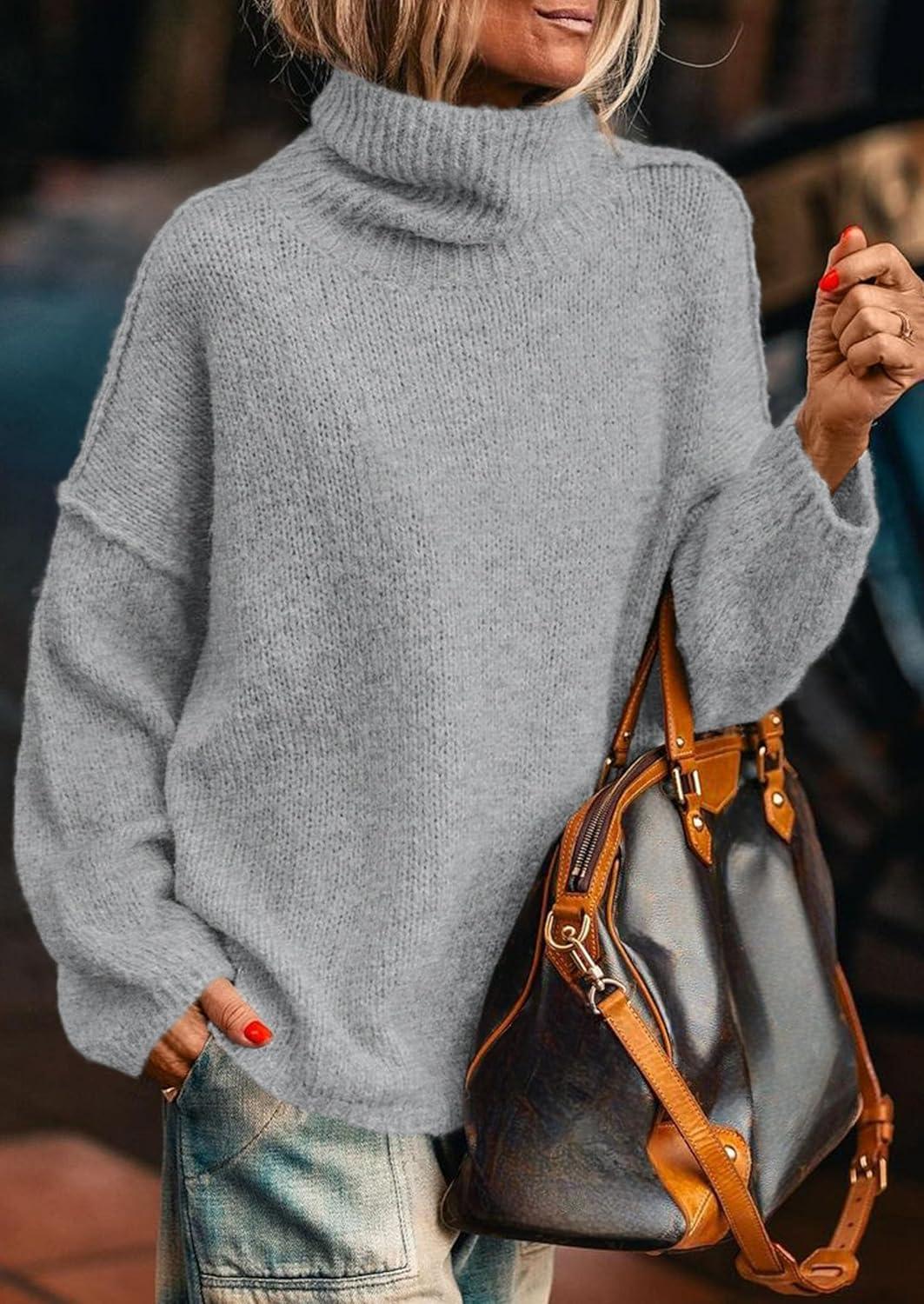 imagePRETTYGARDEN Womens Turtleneck Long Sleeve Sweater 2025 Fall Trendy Loose Fit Knit Tops Oversized Pullover SweatersLight Grey