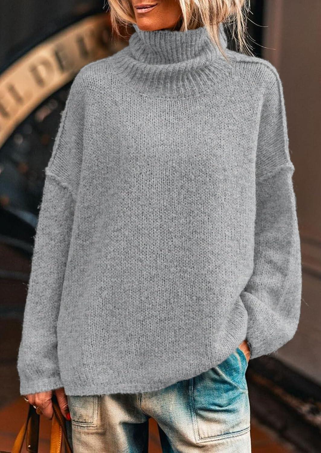 imagePRETTYGARDEN Womens Turtleneck Long Sleeve Sweater 2025 Fall Trendy Loose Fit Knit Tops Oversized Pullover SweatersLight Grey